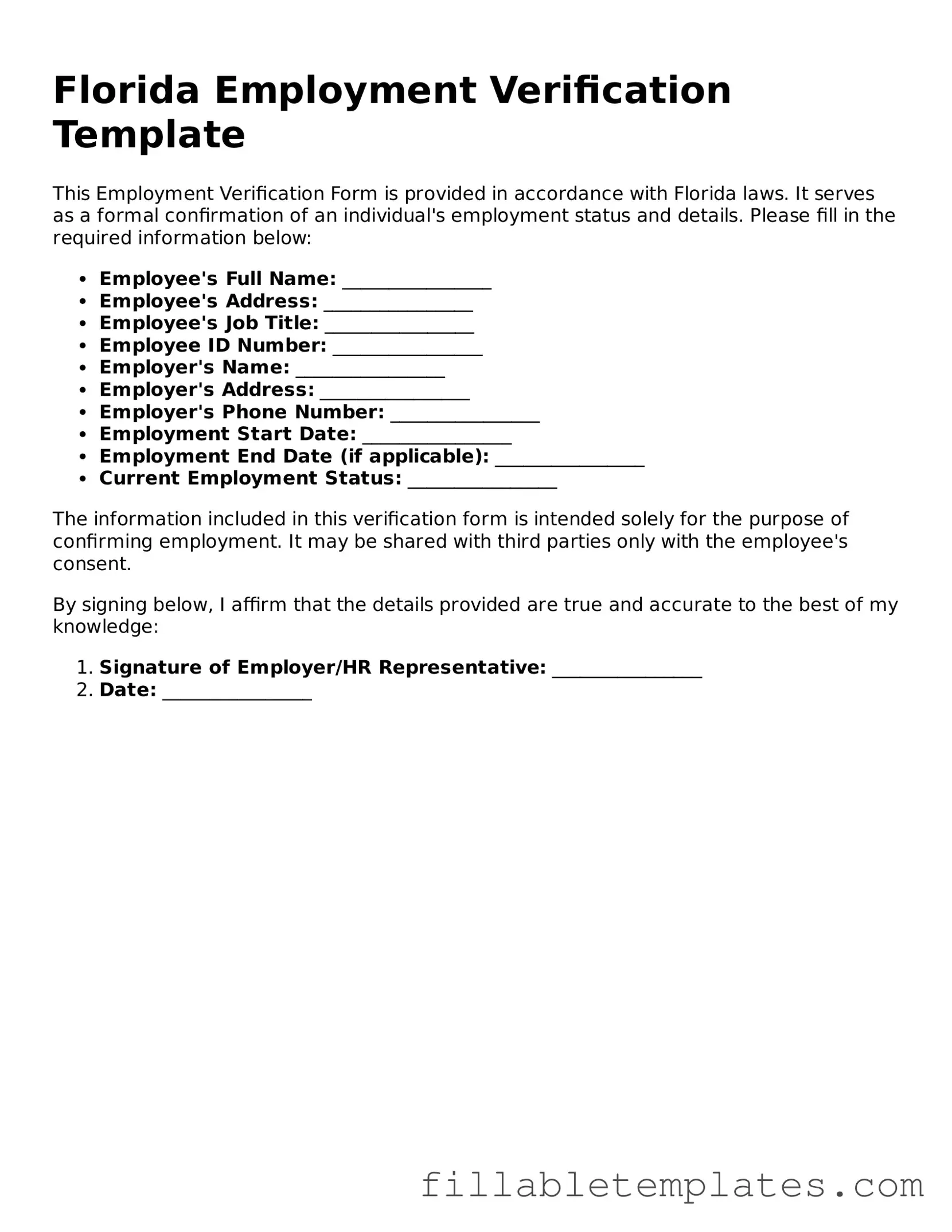 Printable Employment Verification Form for the State of Florida