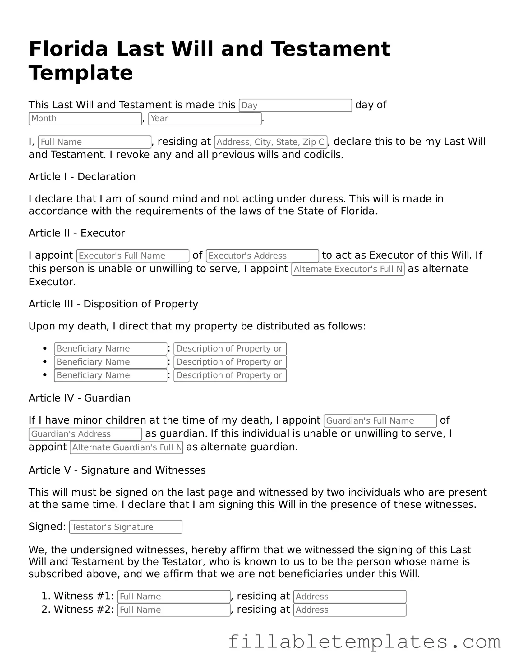 Printable Last Will and Testament Form for the State of Florida
