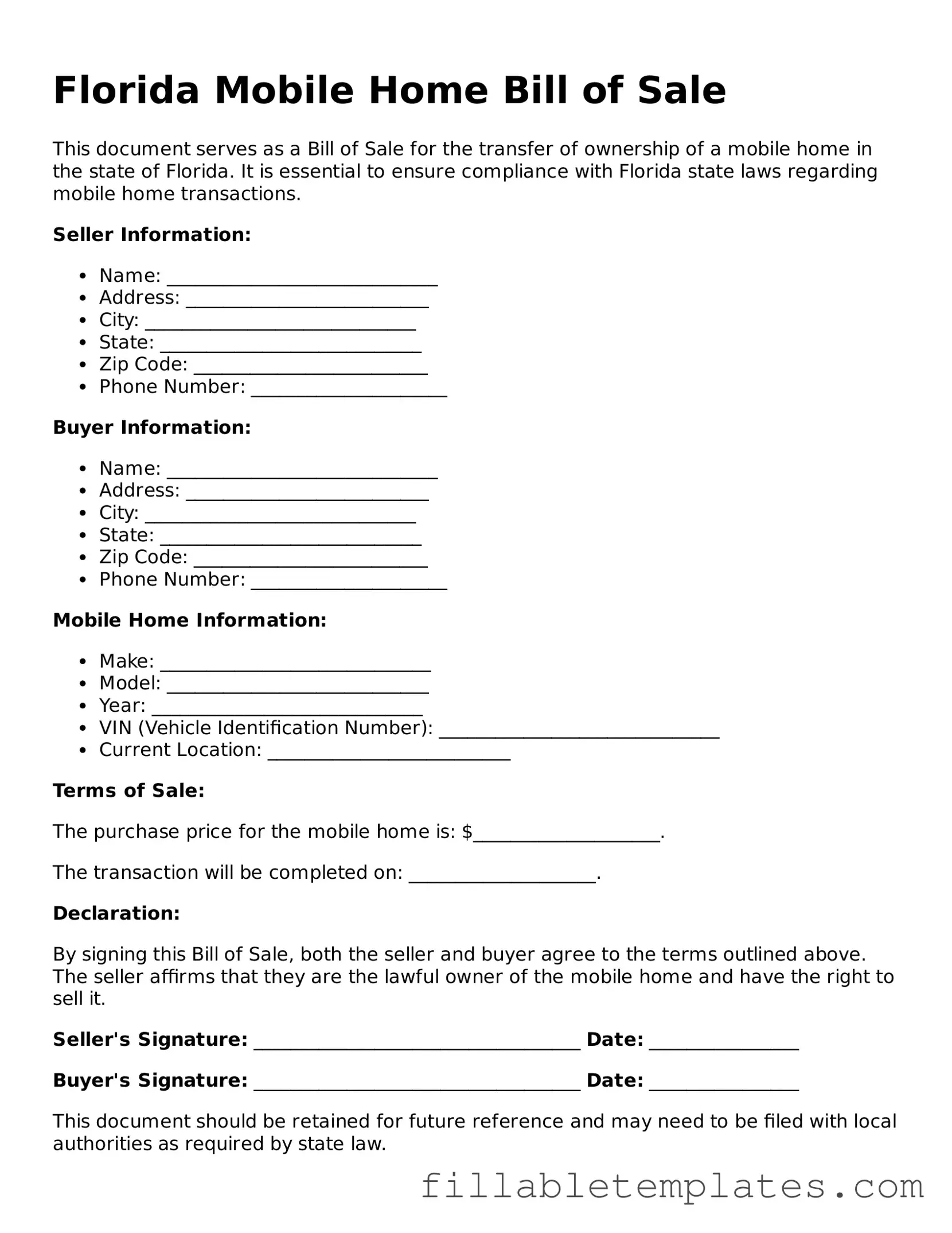Printable Mobile Home Bill of Sale Form for the State of Florida