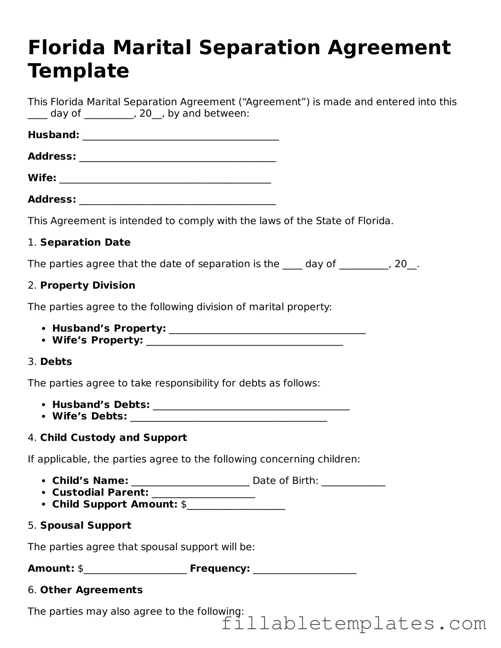 Printable Marital Separation Agreement Form for the State of Florida
