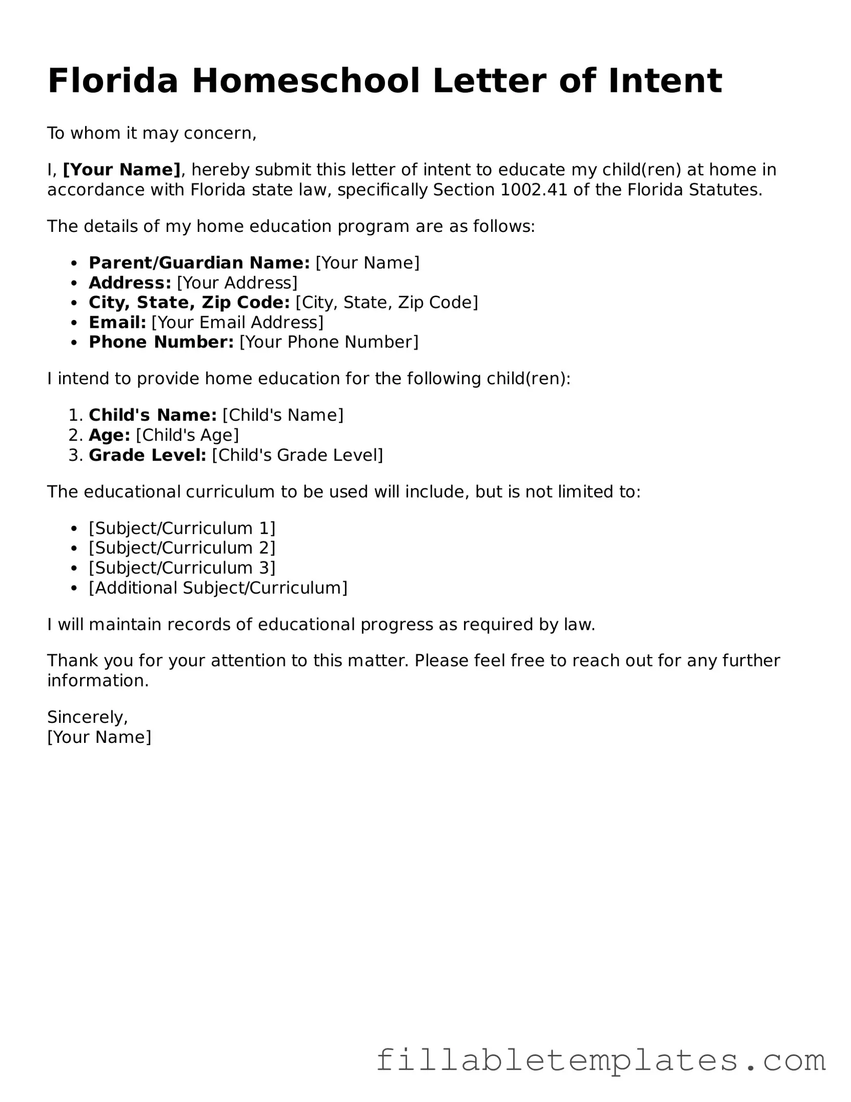 Printable Homeschool Letter of Intent Form for the State of Florida