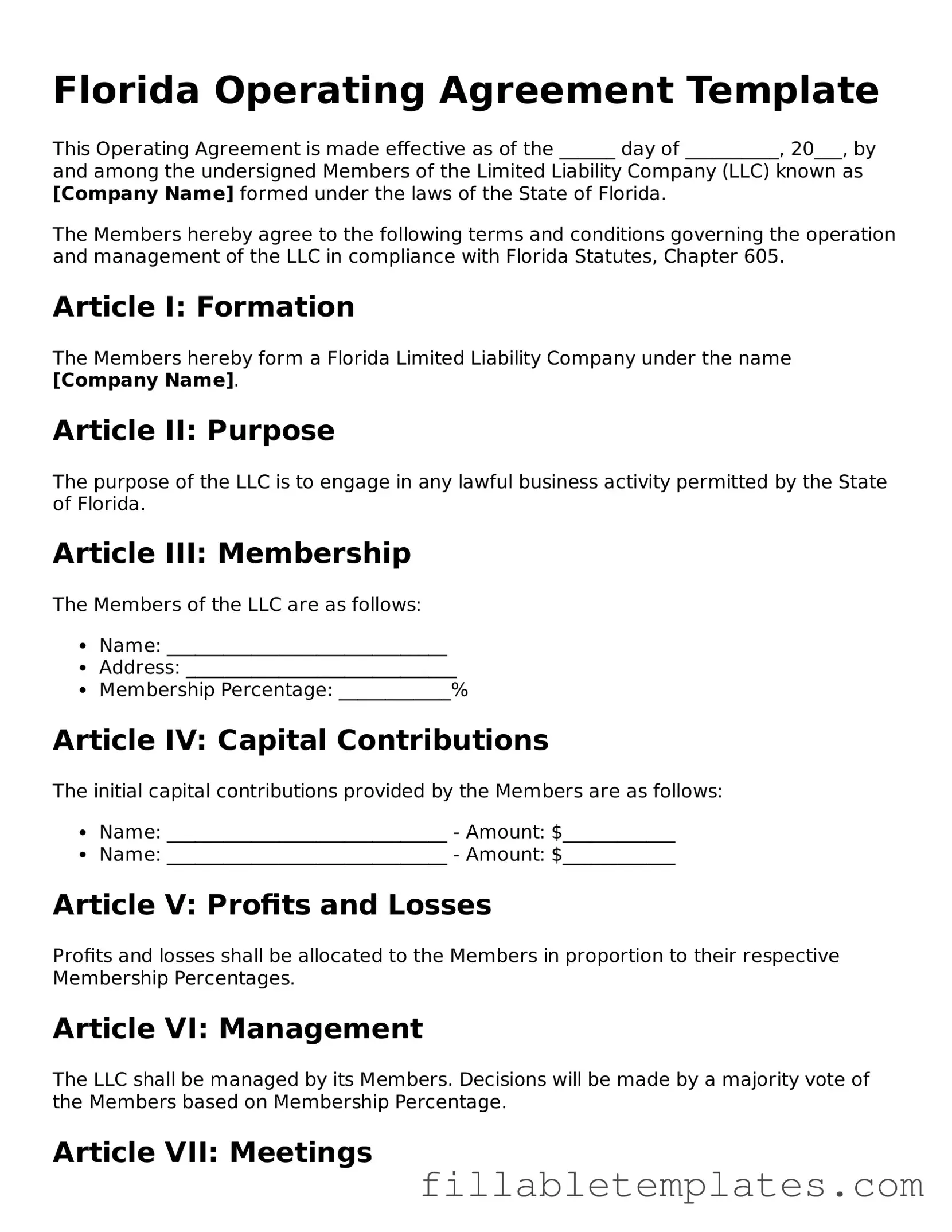 Printable Operating Agreement Form for the State of Florida