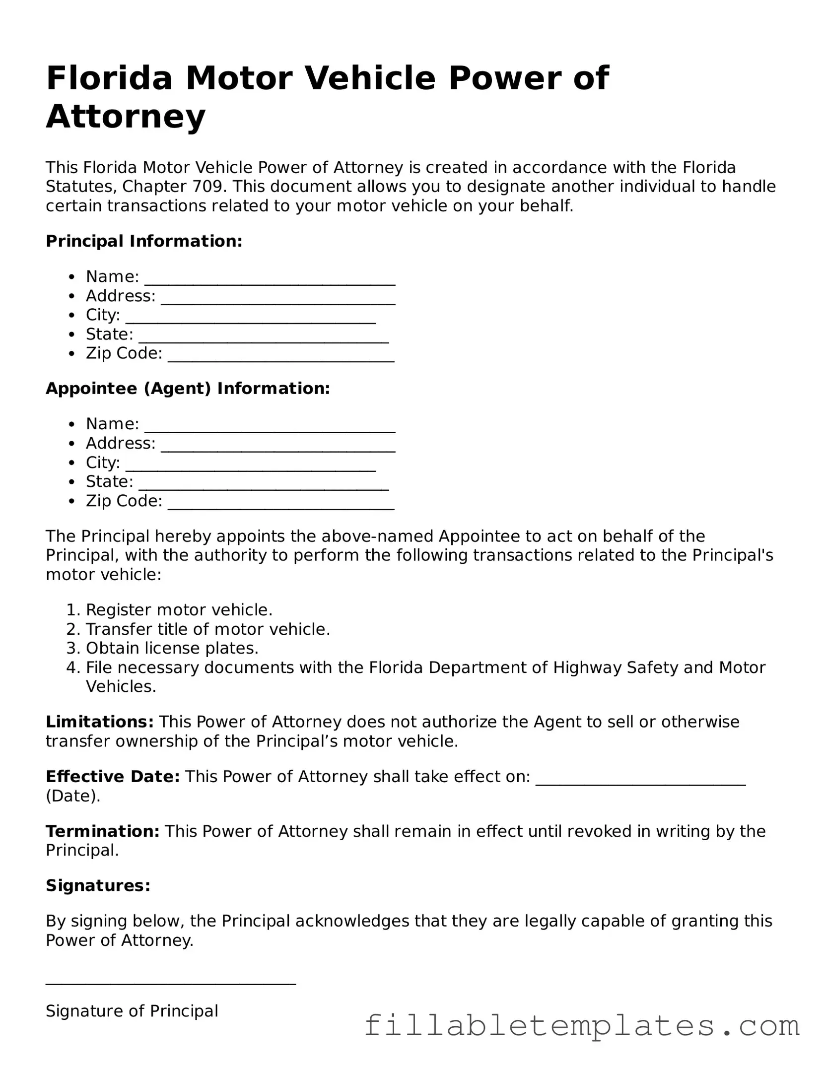 Printable Motor Vehicle Power of Attorney Form for the State of Florida