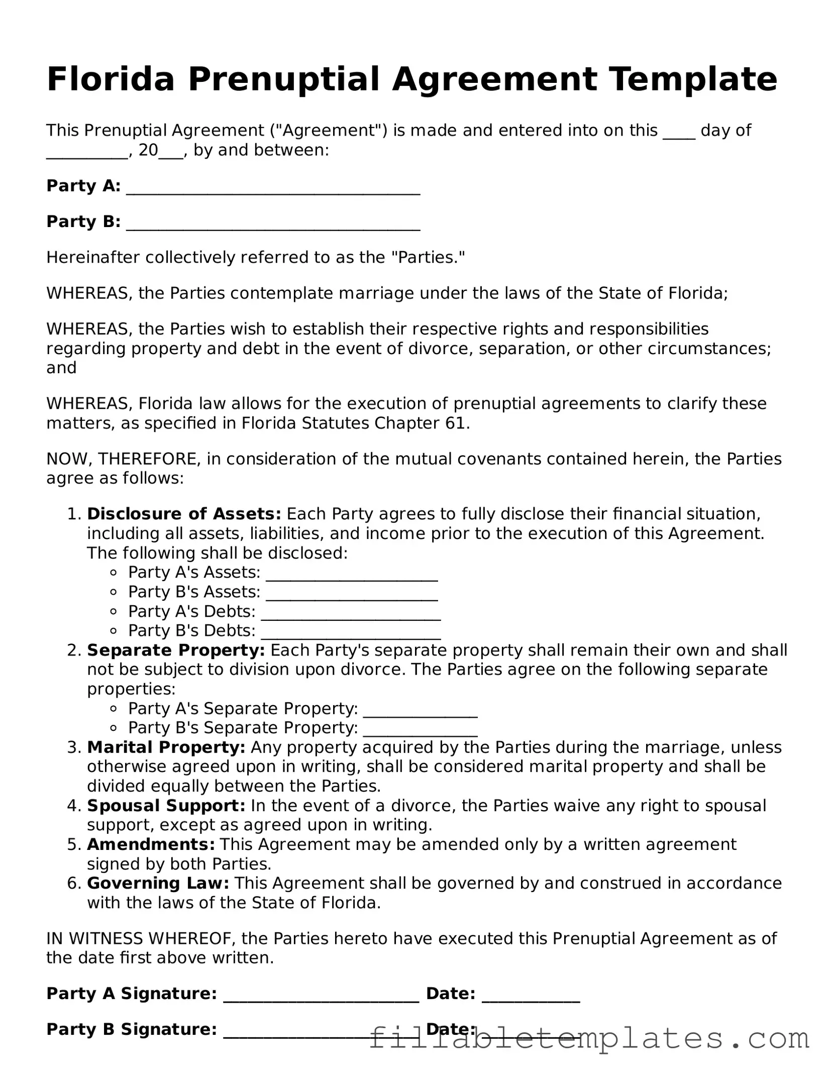 Printable Prenuptial Agreement Form for the State of Florida