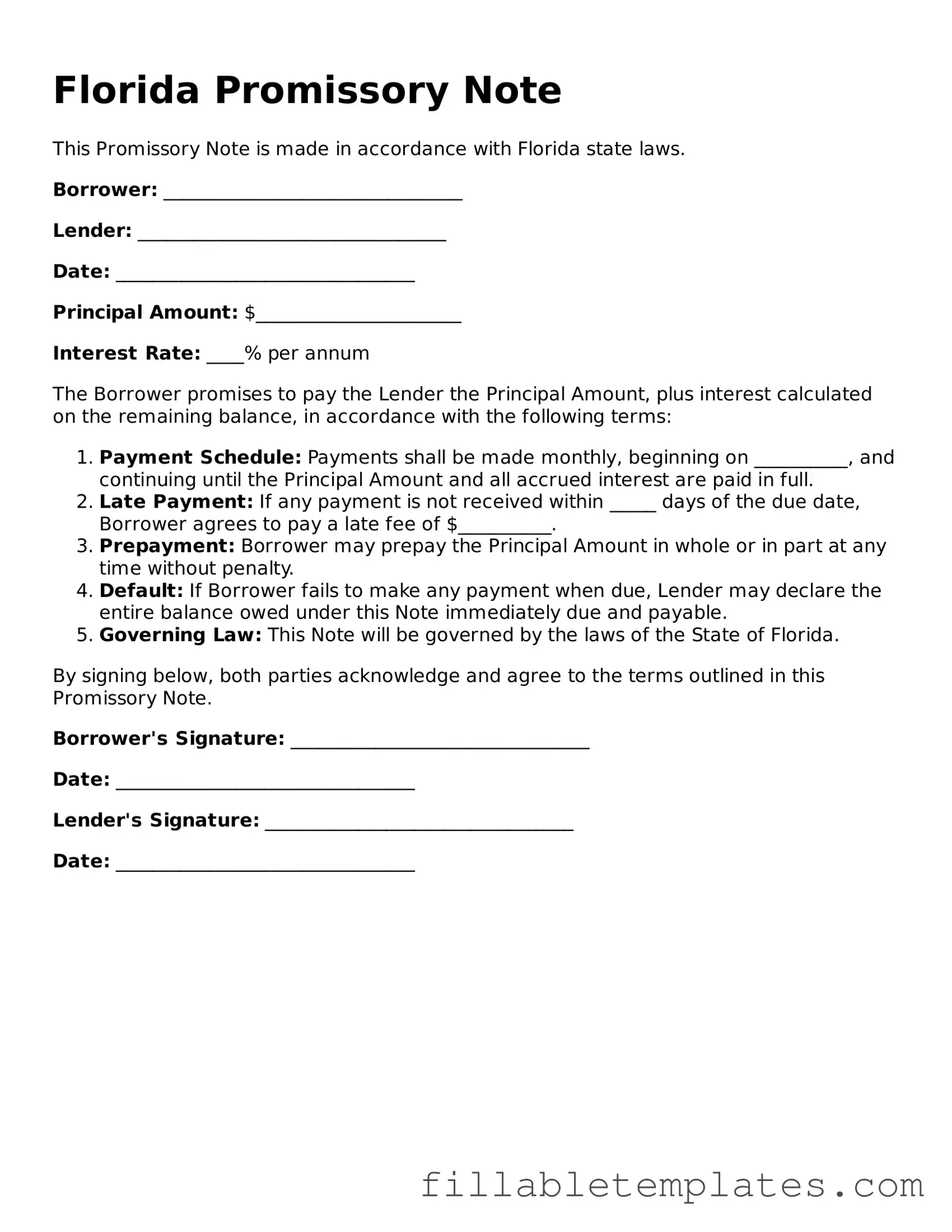 Printable Promissory Note Form for the State of Florida