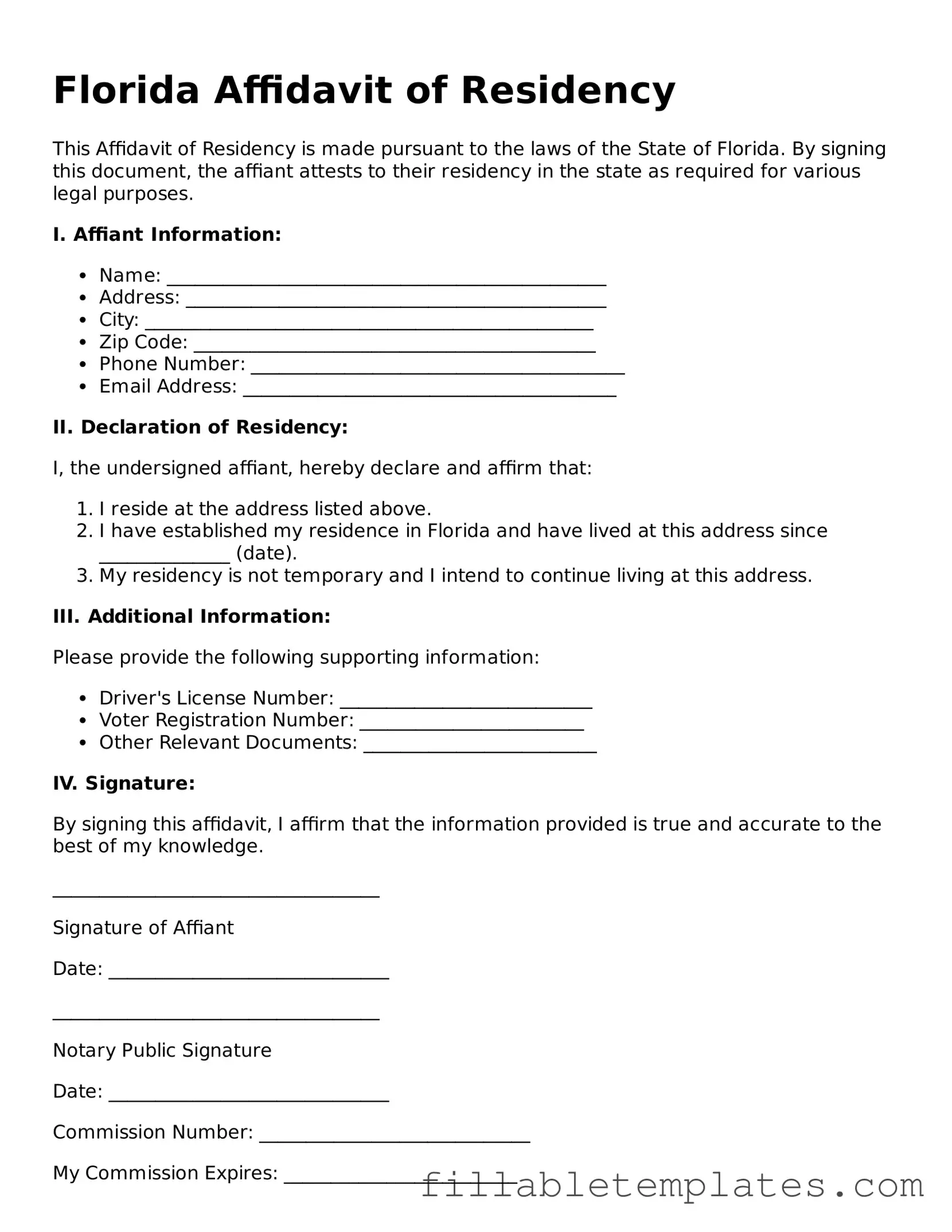 Printable Affidavit of Residency Form for the State of Florida