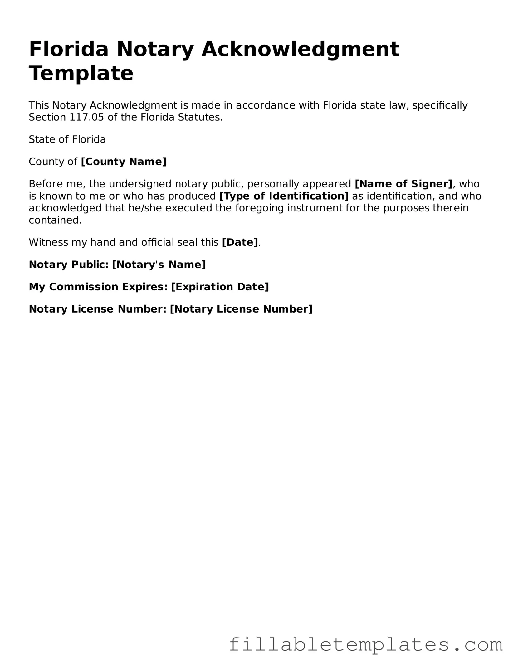 Printable Notary Acknowledgement Form for the State of Florida