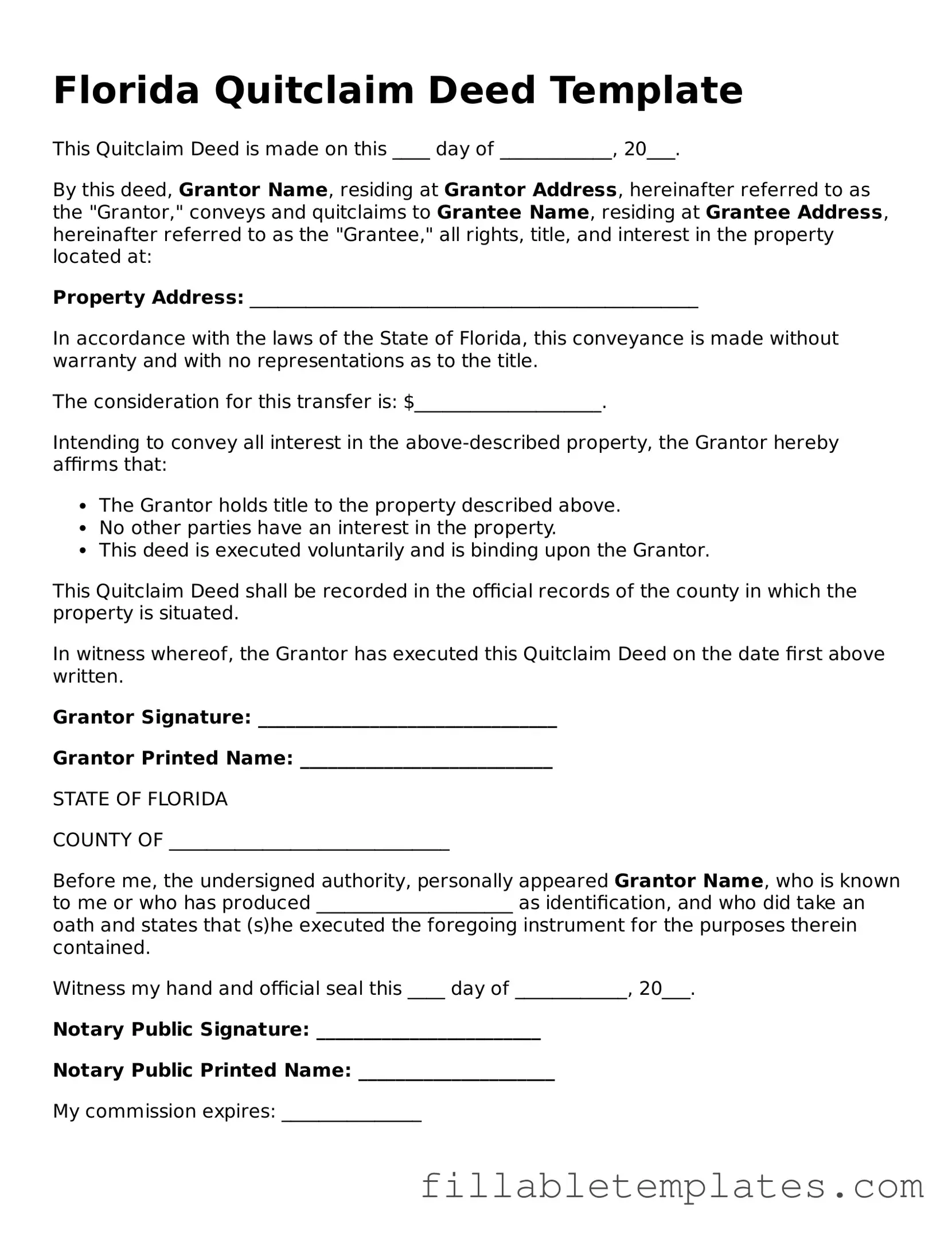 Printable Quitclaim Deed Form for the State of Florida