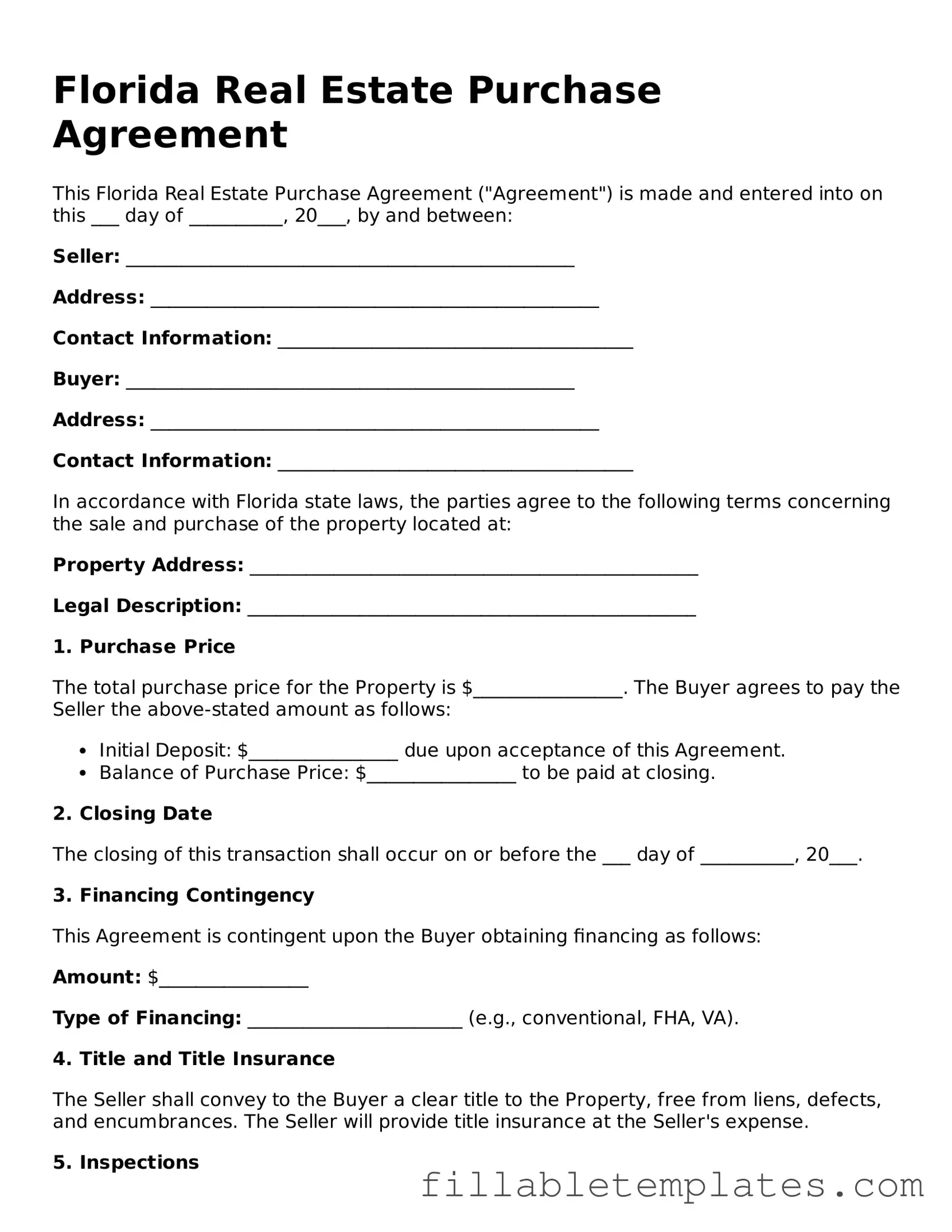 Printable Real Estate Purchase Agreement Form for the State of Florida
