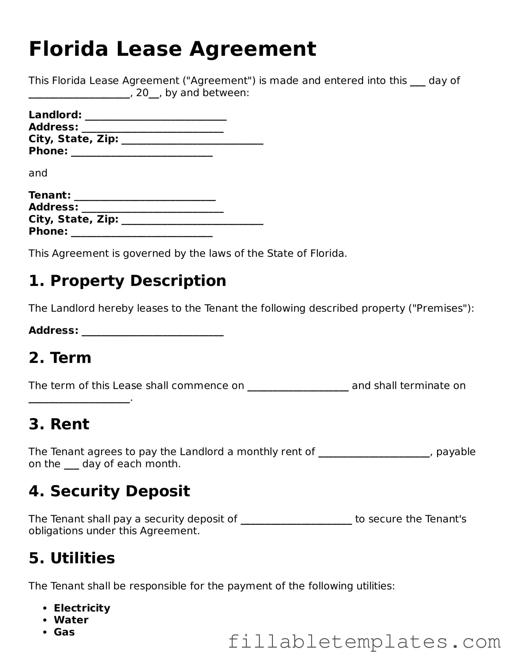 Printable Lease Agreement Form for the State of Florida