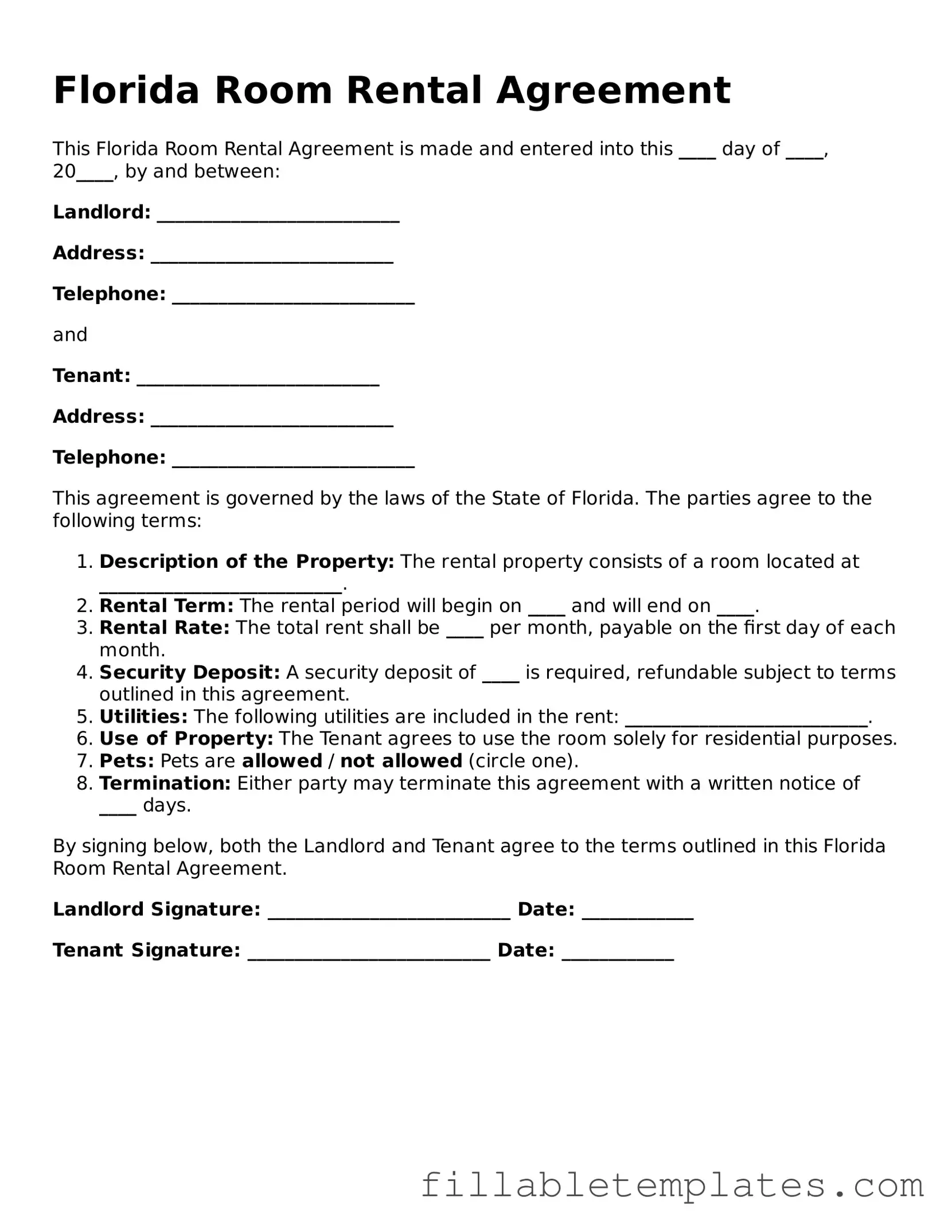 Printable Room Rental Agreement Form for the State of Florida