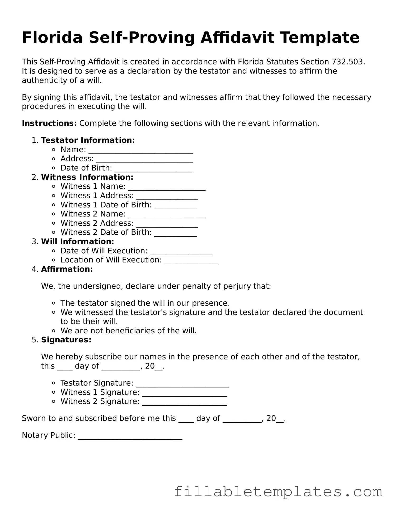 Printable Self-Proving Affidavit Form for the State of Florida