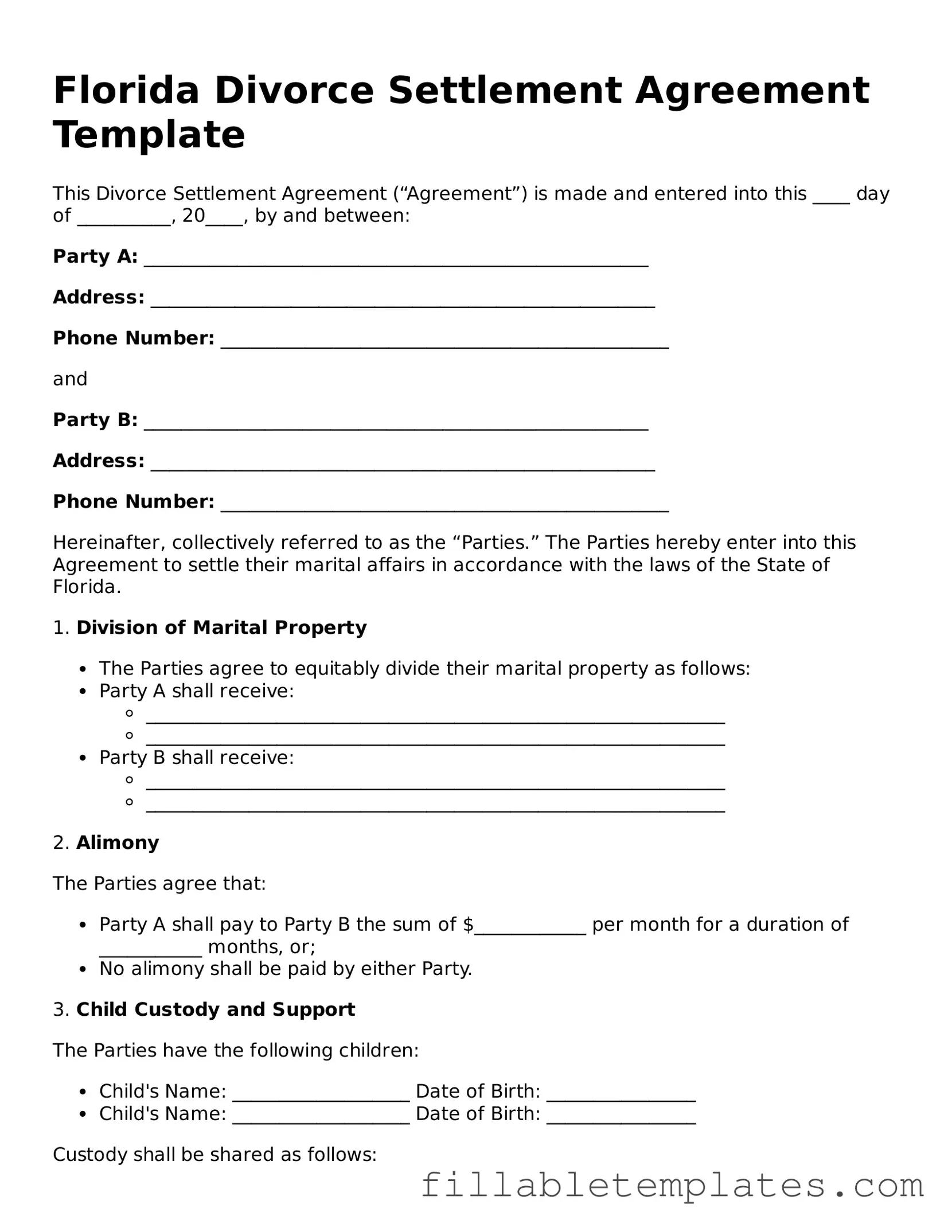 Printable Divorce Settlement Agreement Form for the State of Florida