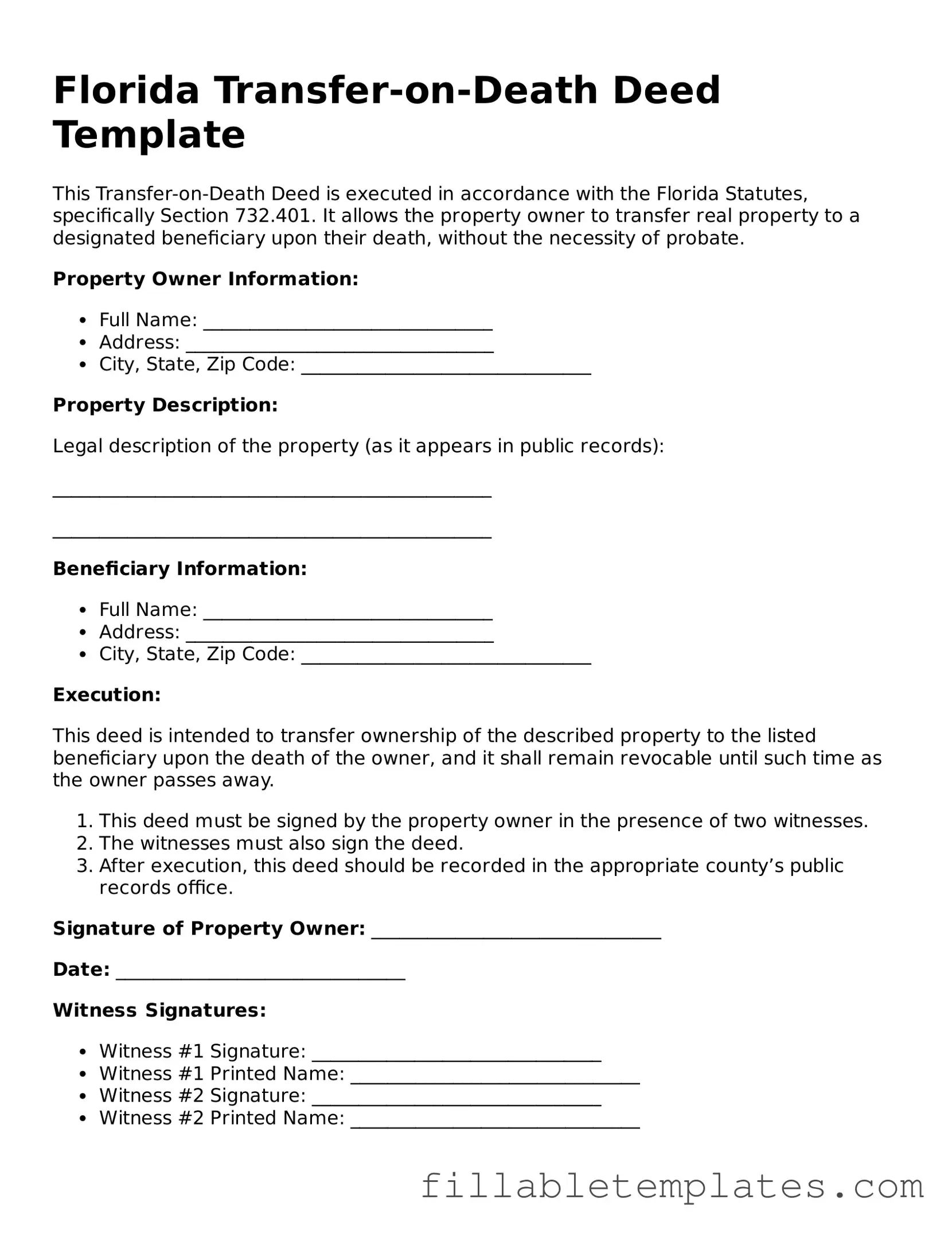 Printable Transfer-on-Death Deed Form for the State of Florida