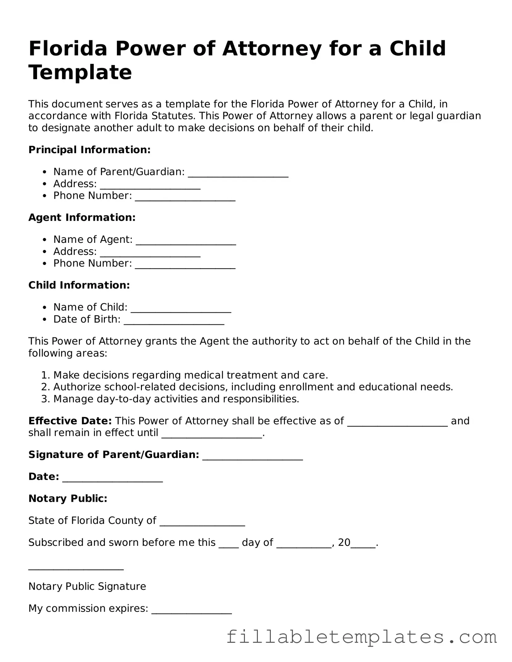 Printable Power of Attorney for a Child Form for the State of Florida