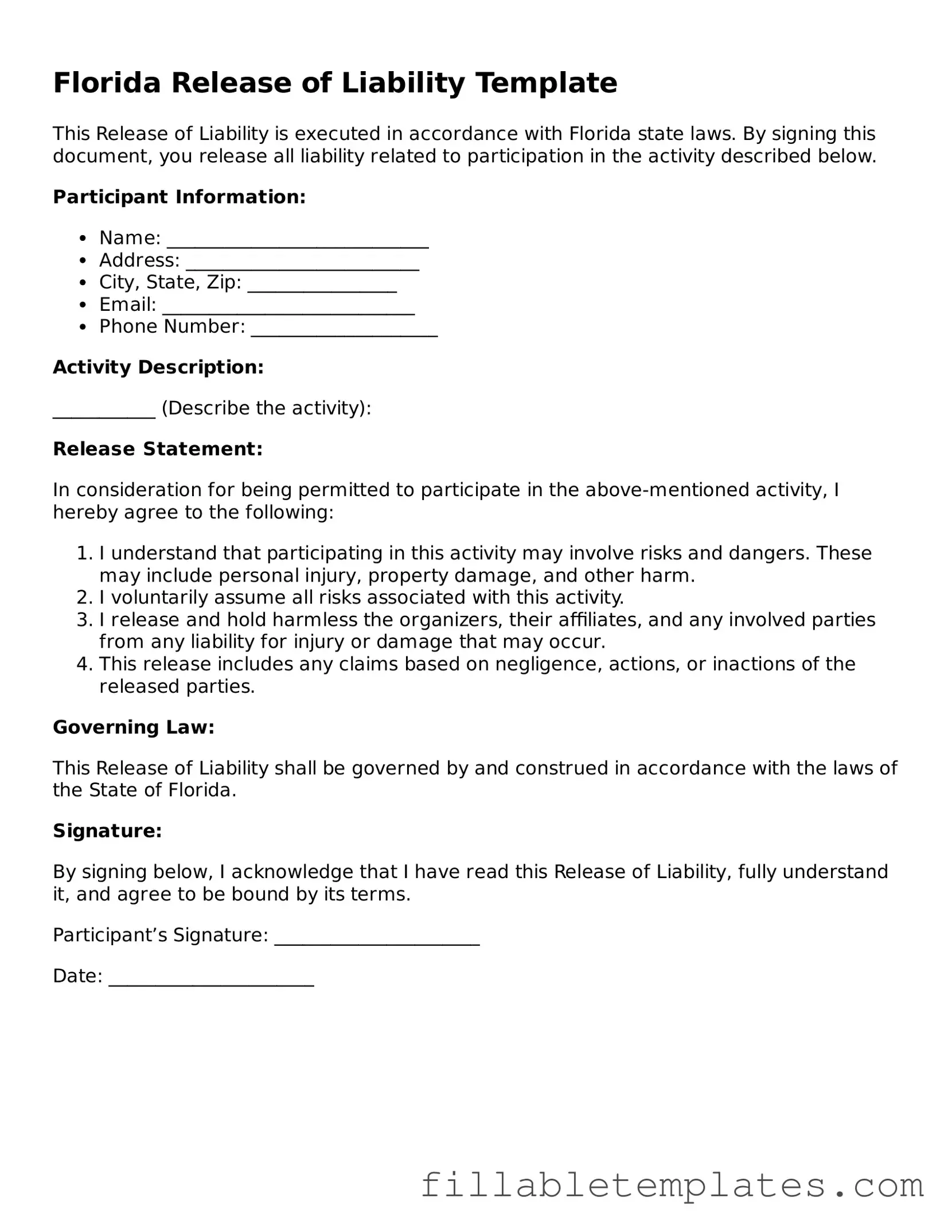 Printable Release of Liability Form for the State of Florida