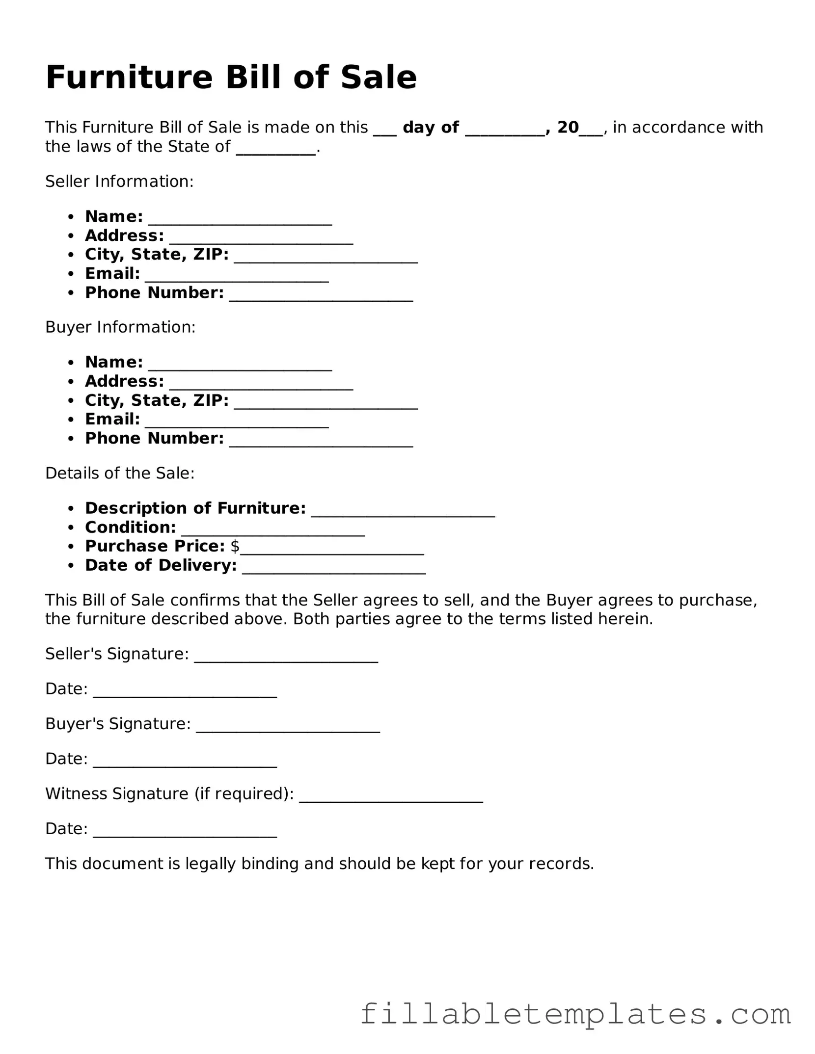 Printable Furniture Bill of Sale Form