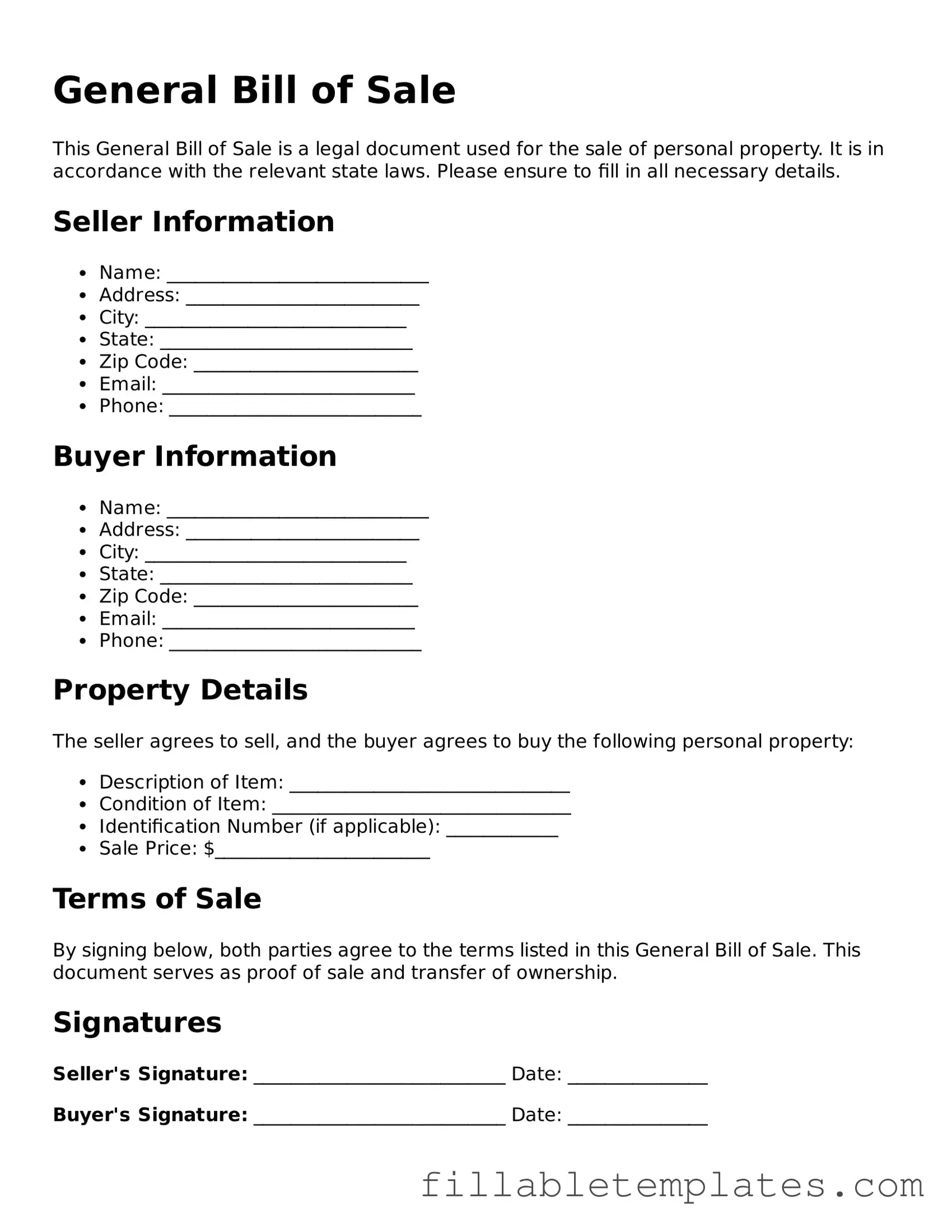 Printable General Bill of Sale Form
