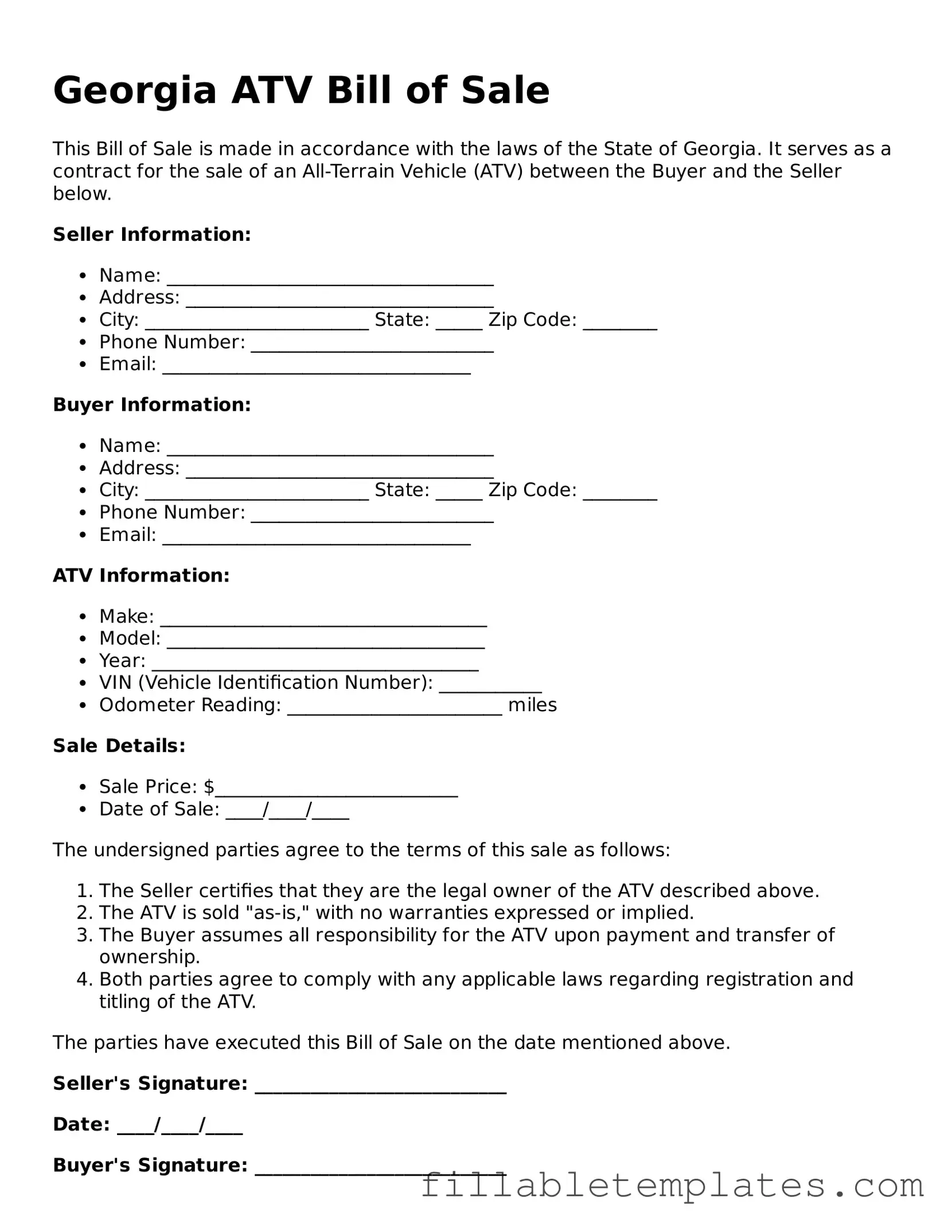 Printable ATV Bill of Sale Form for the State of Georgia