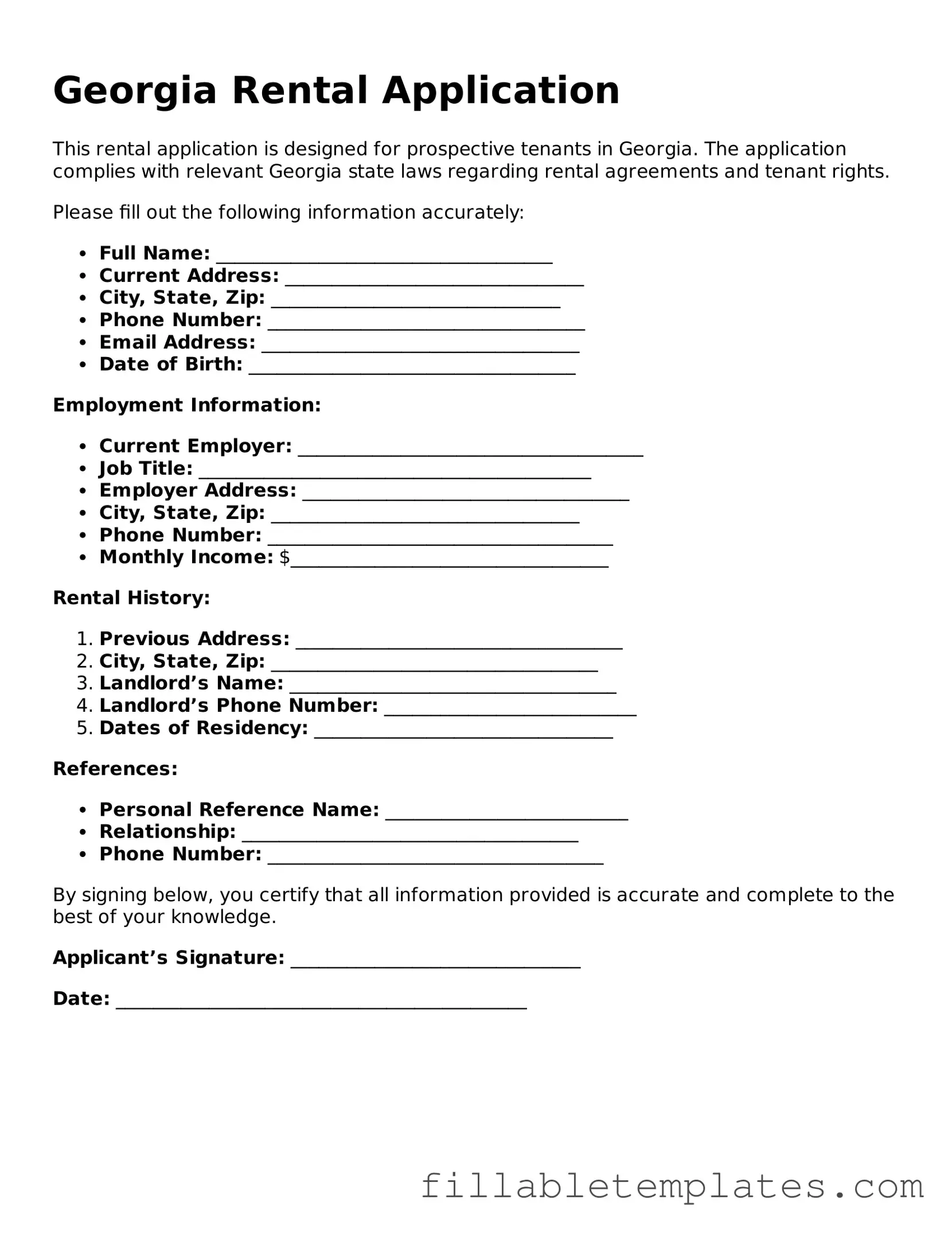 Printable Rental Application Form for the State of Georgia