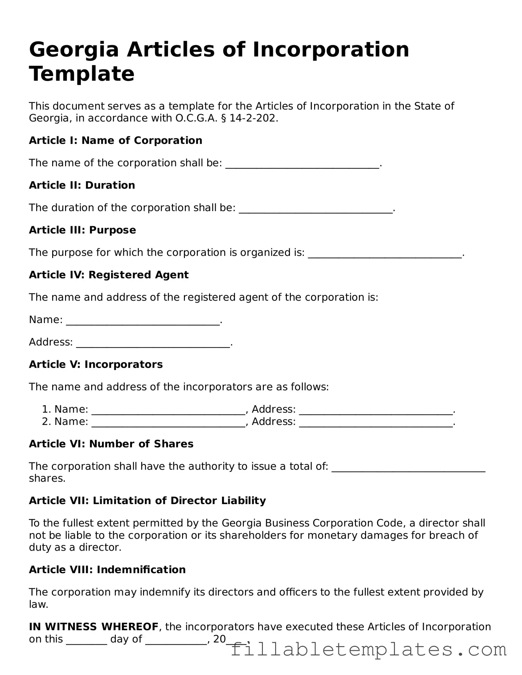 Printable Articles of Incorporation Form for the State of Georgia