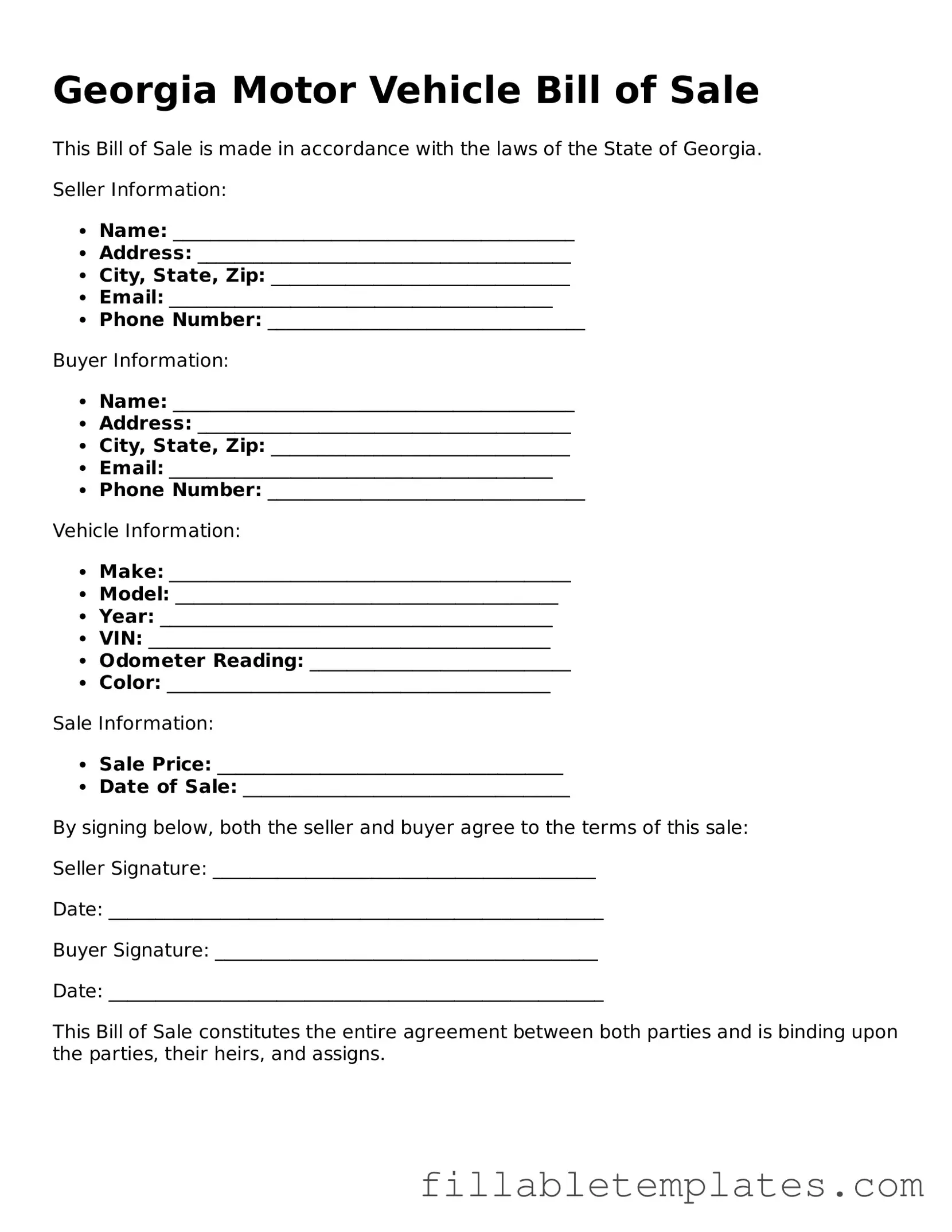 Printable Motor Vehicle Bill of Sale Form for the State of Georgia