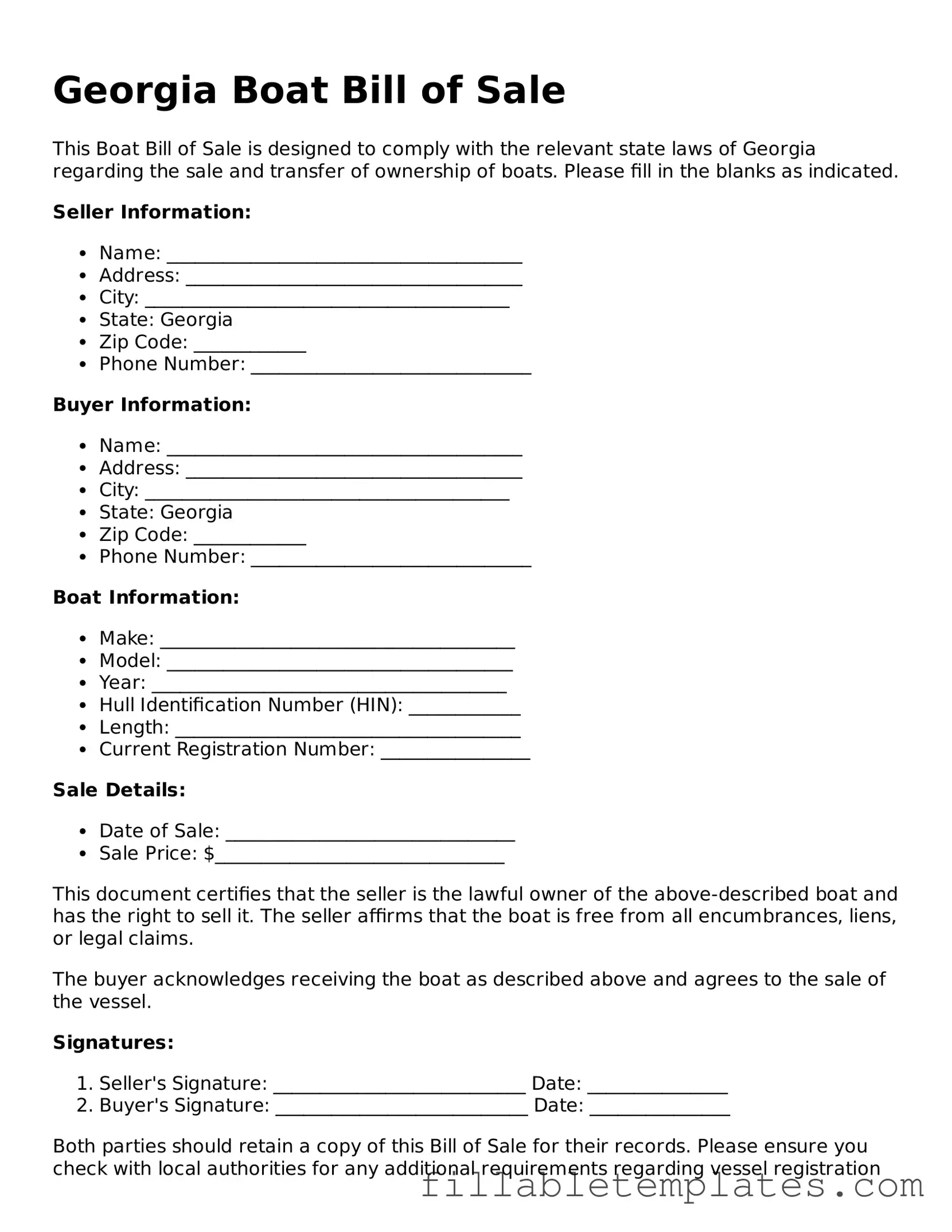 Printable Boat Bill of Sale Form for the State of Georgia