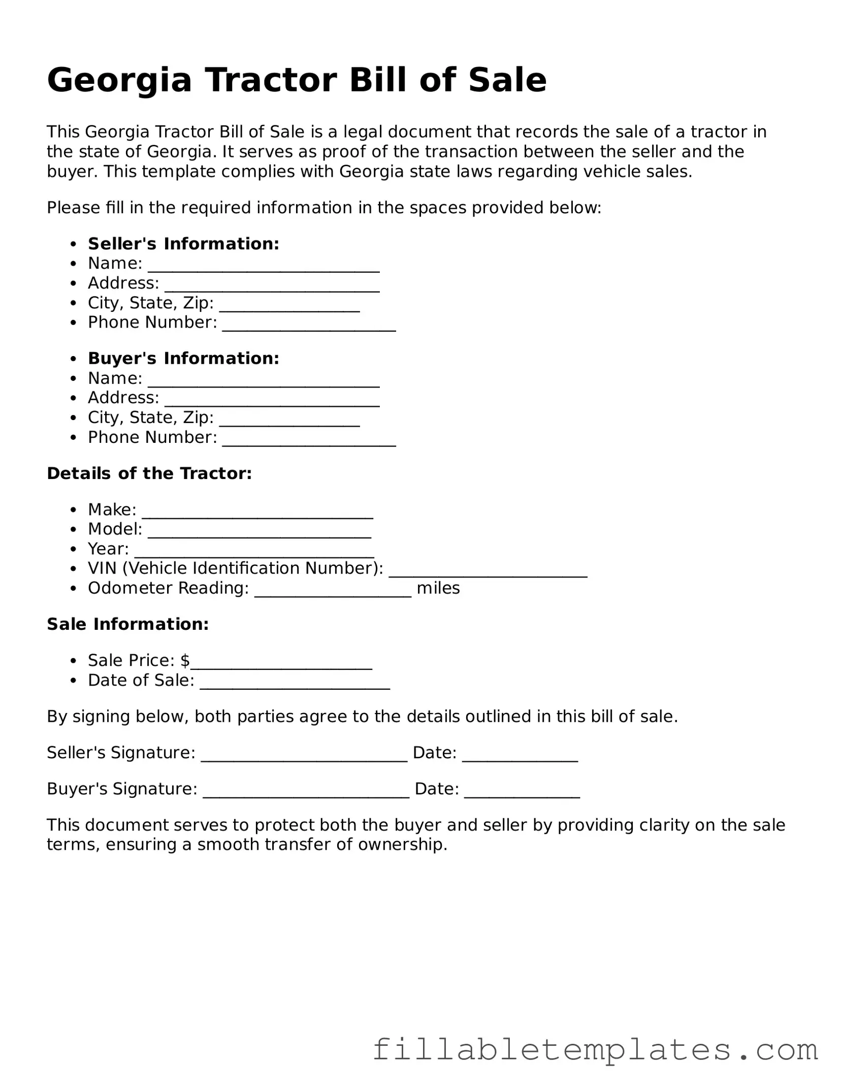 Printable Tractor Bill of Sale Form for the State of Georgia