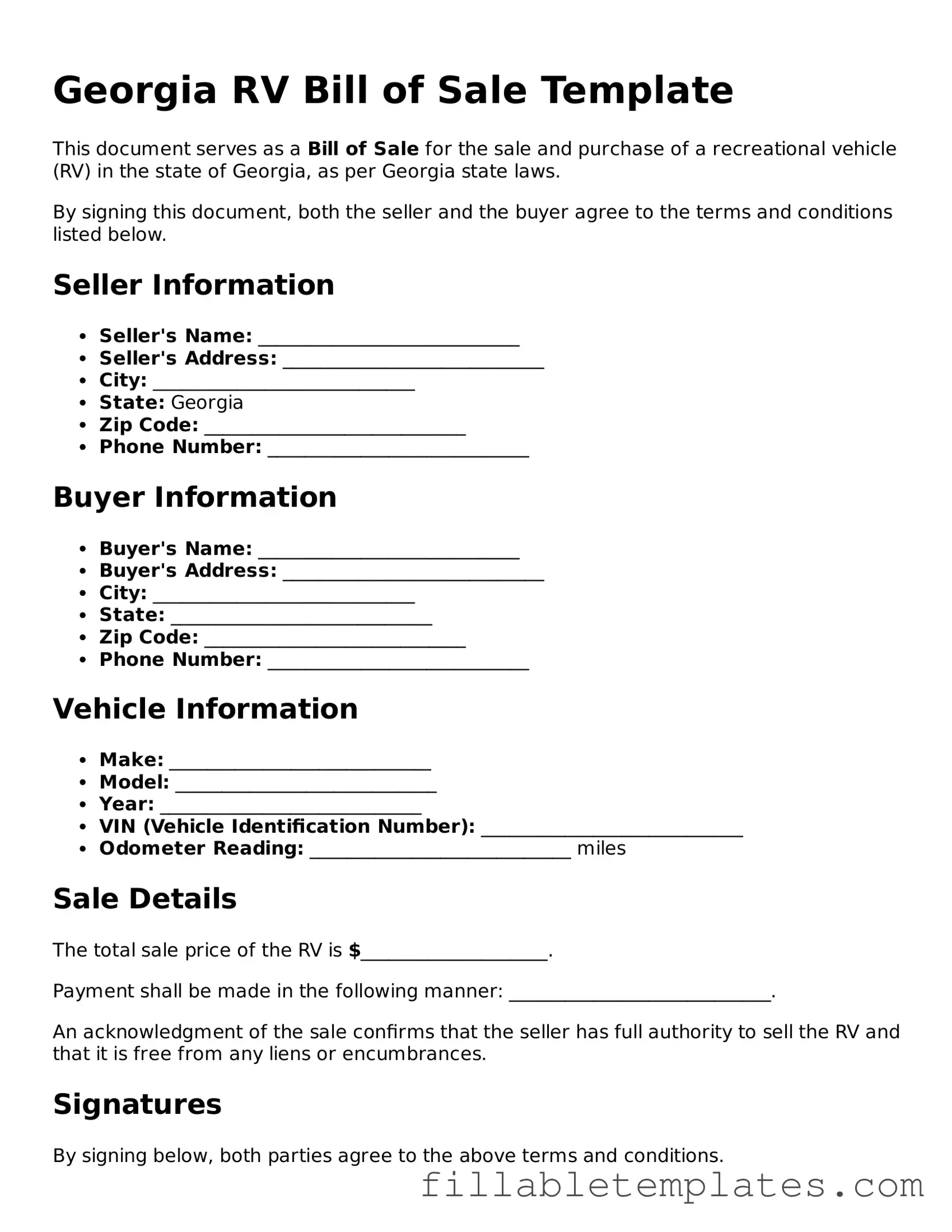 Printable RV Bill of Sale Form for the State of Georgia