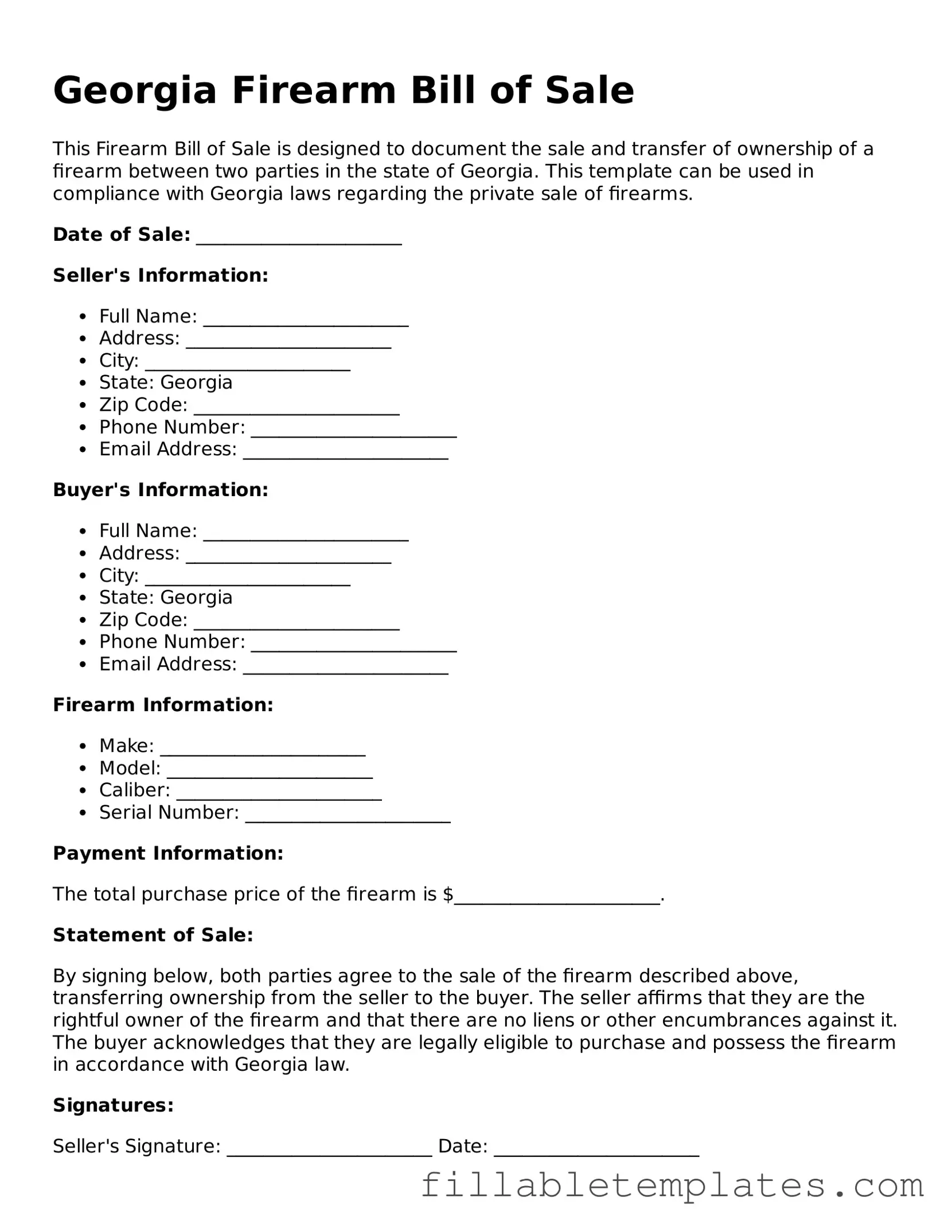 Printable Firearm Bill of Sale Form for the State of Georgia