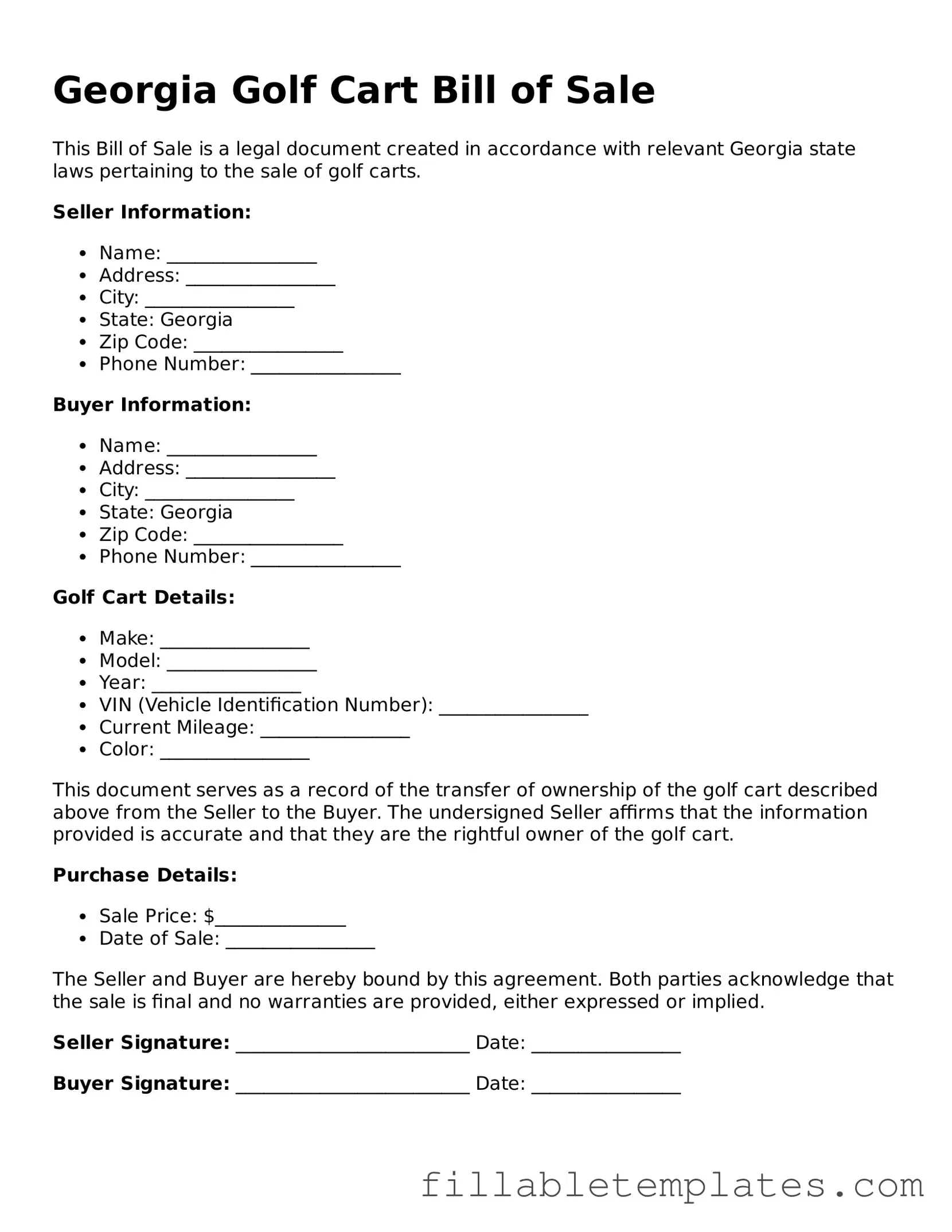 Printable Golf Cart Bill of Sale Form for the State of Georgia