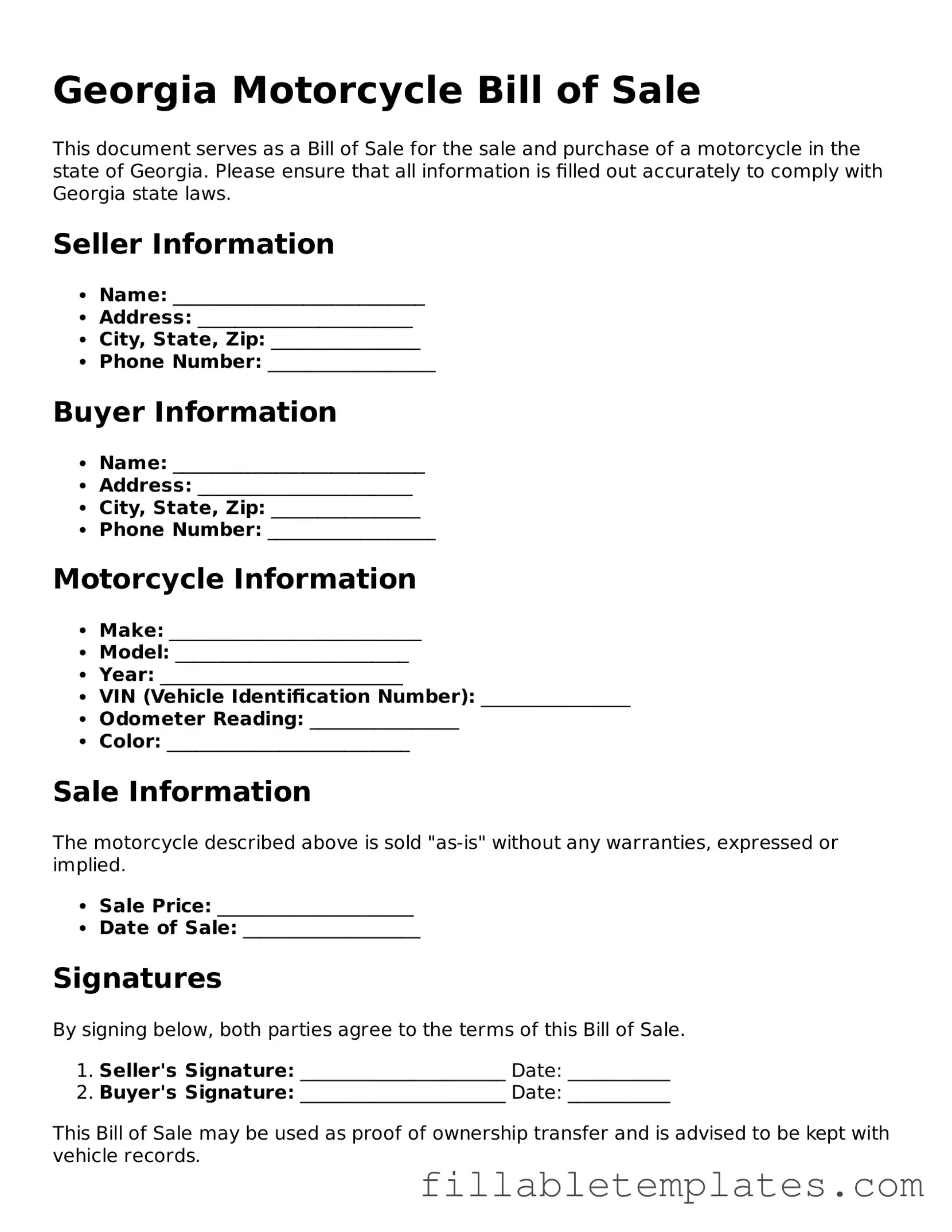 Printable Motorcycle Bill of Sale Form for the State of Georgia