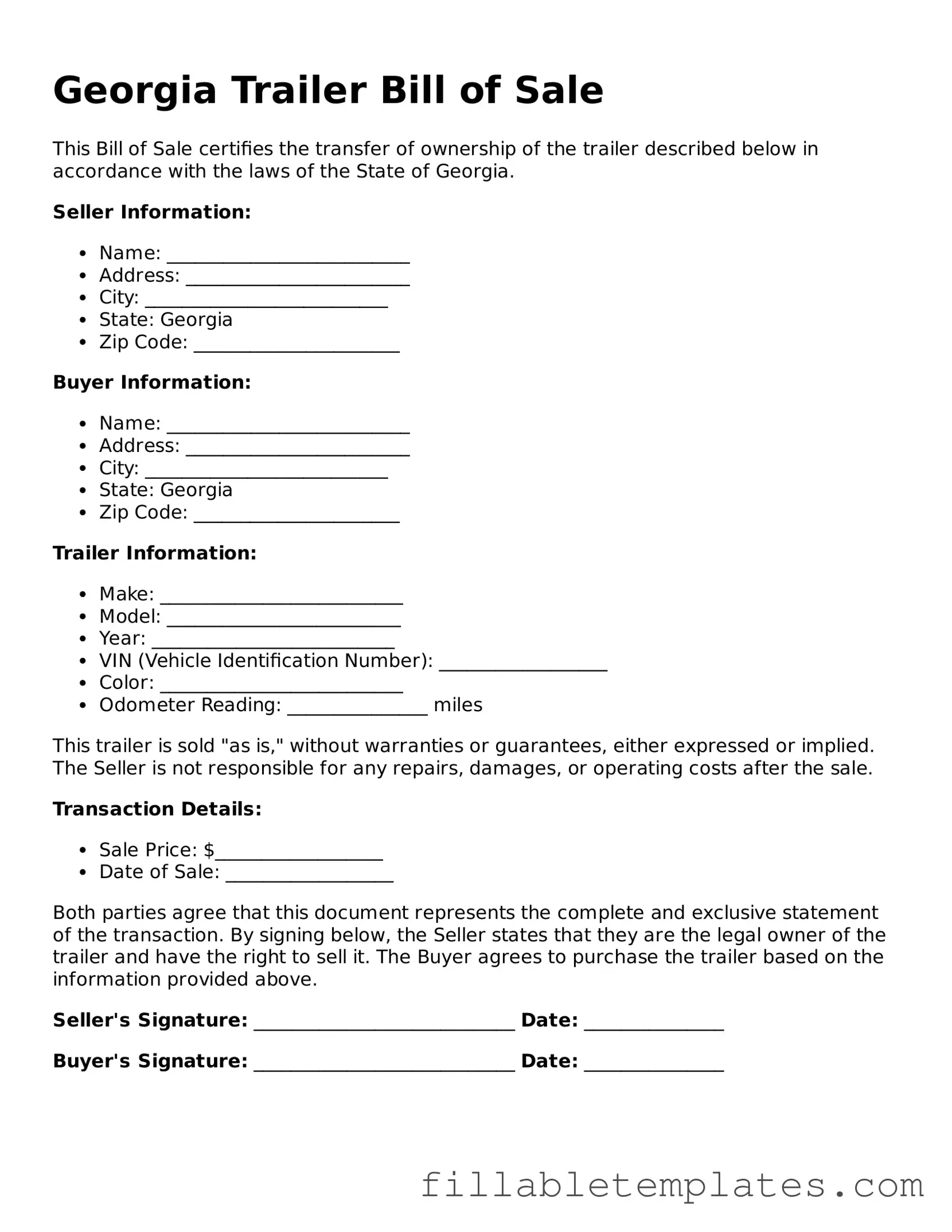 Printable Trailer Bill of Sale Form for the State of Georgia