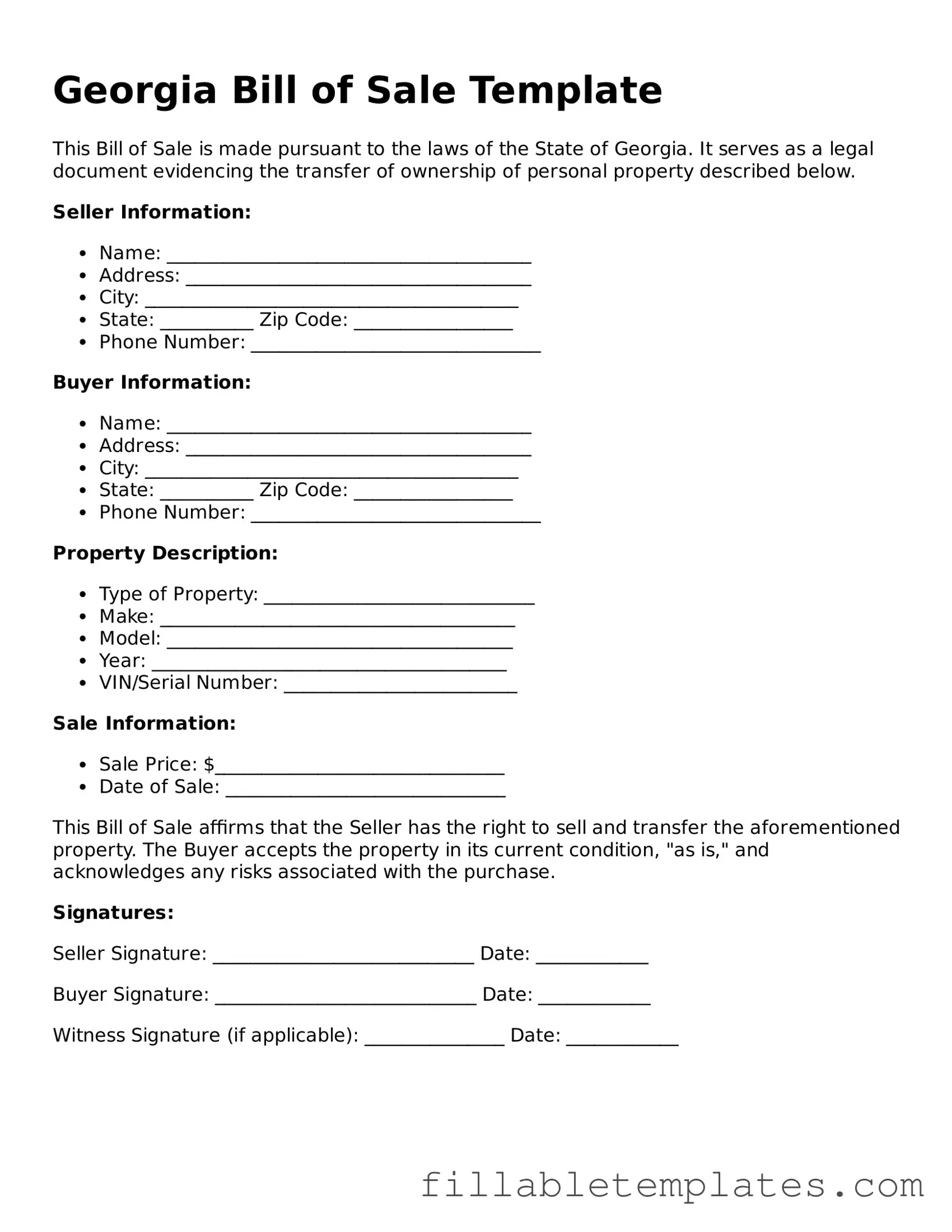 Printable Bill of Sale Form for the State of Georgia