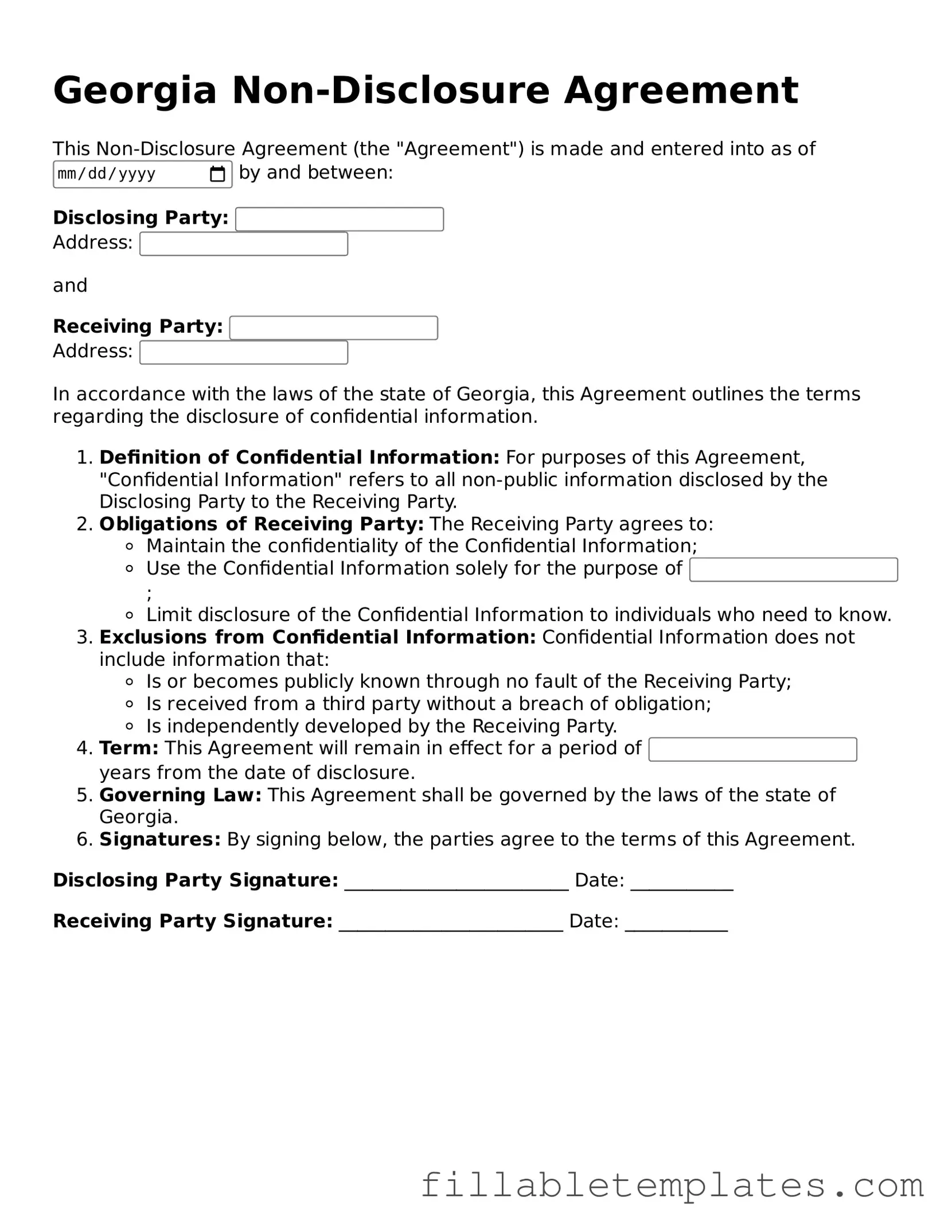 Printable Non-disclosure Agreement Form for the State of Georgia