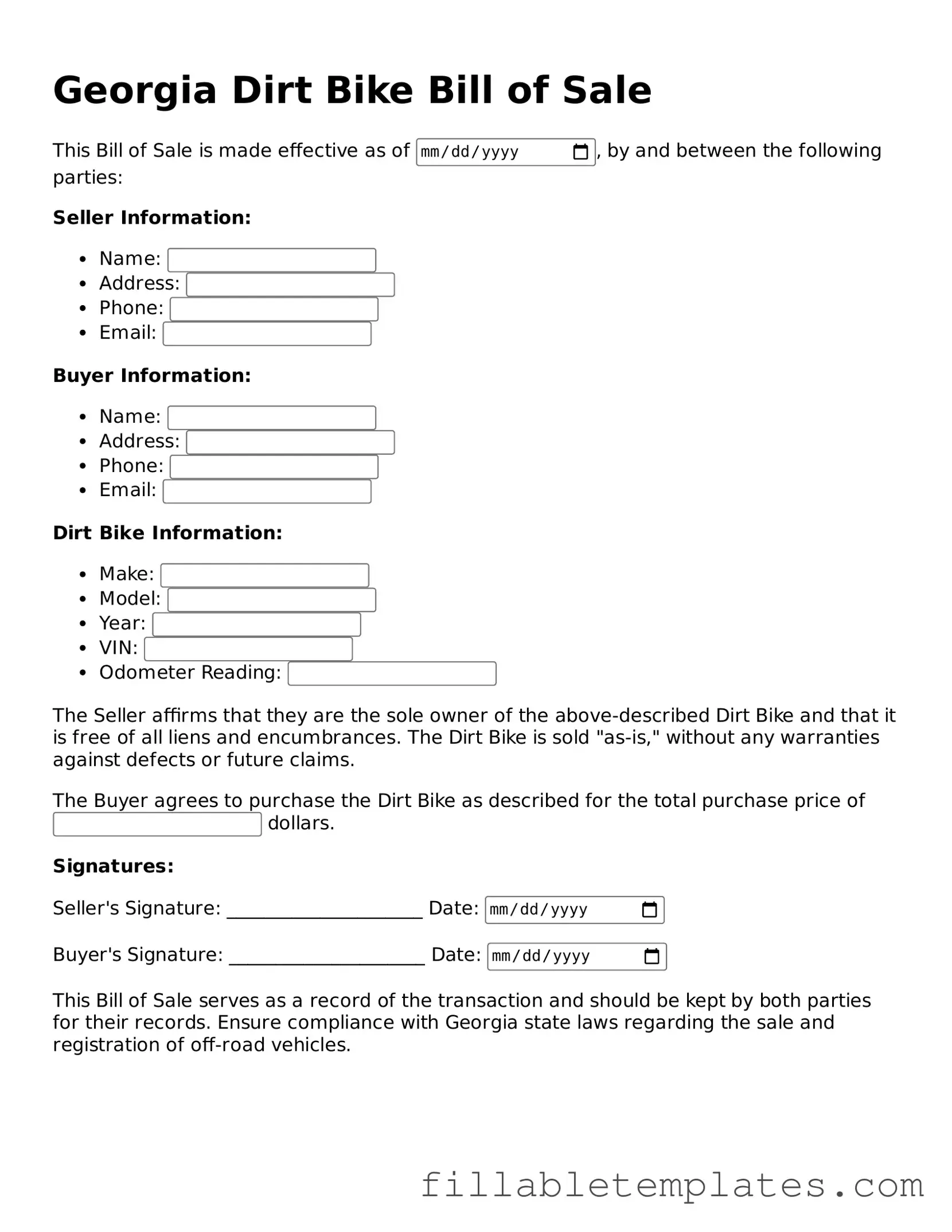 Printable Dirt Bike Bill of Sale Form for the State of Georgia