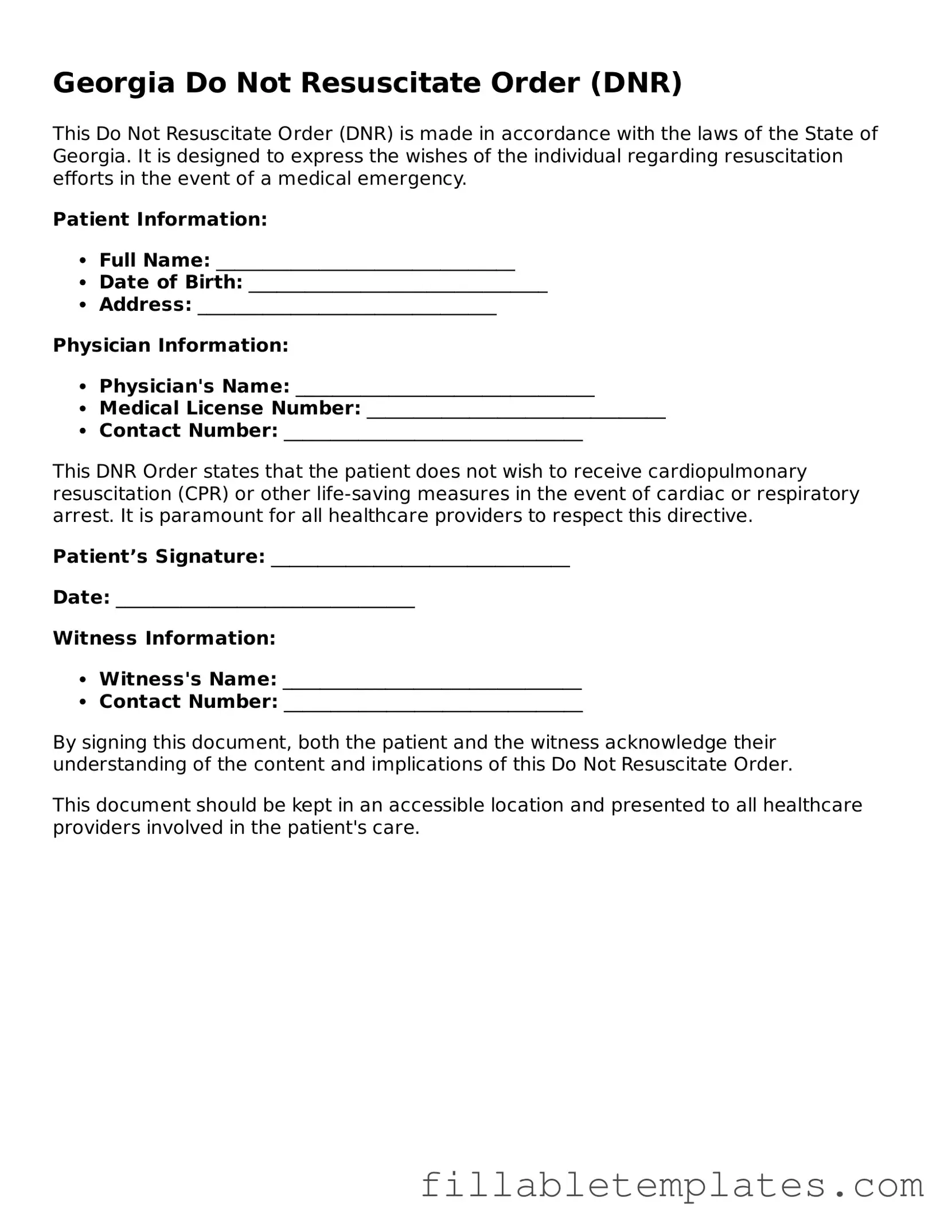 Printable Do Not Resuscitate Order Form for the State of Georgia