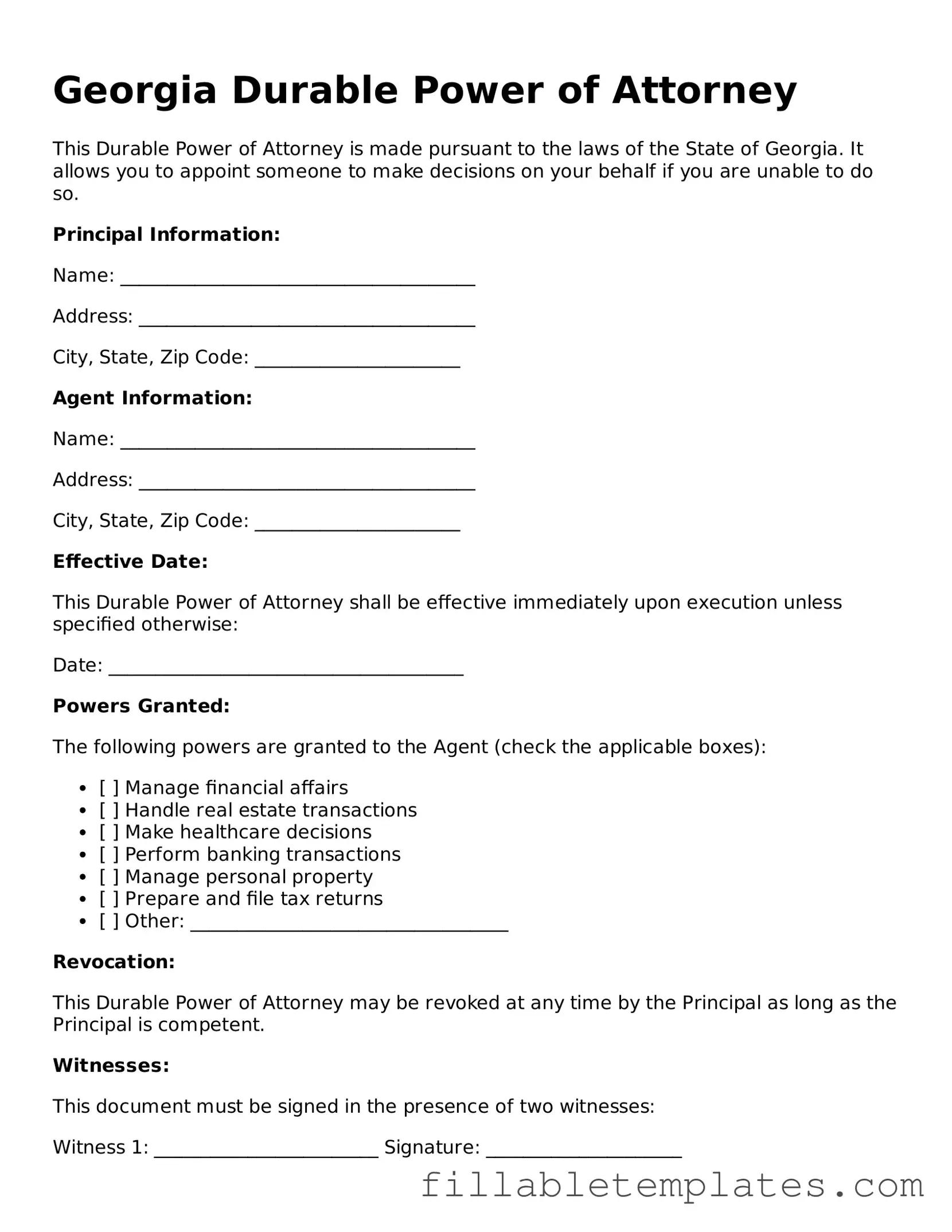 Printable Durable Power of Attorney Form for the State of Georgia