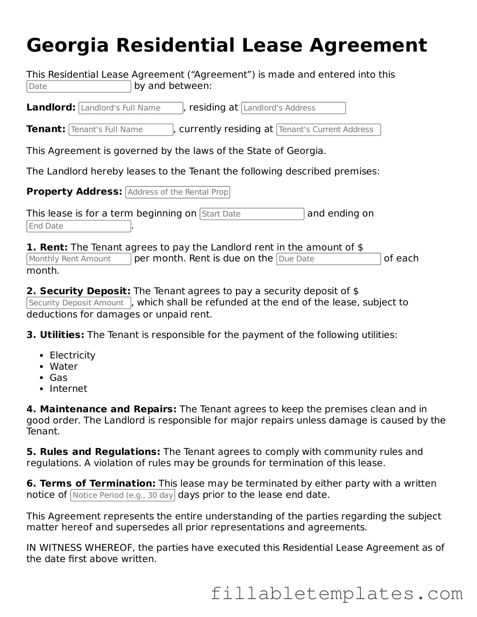 Printable Residential Lease Agreement Form for the State of Georgia