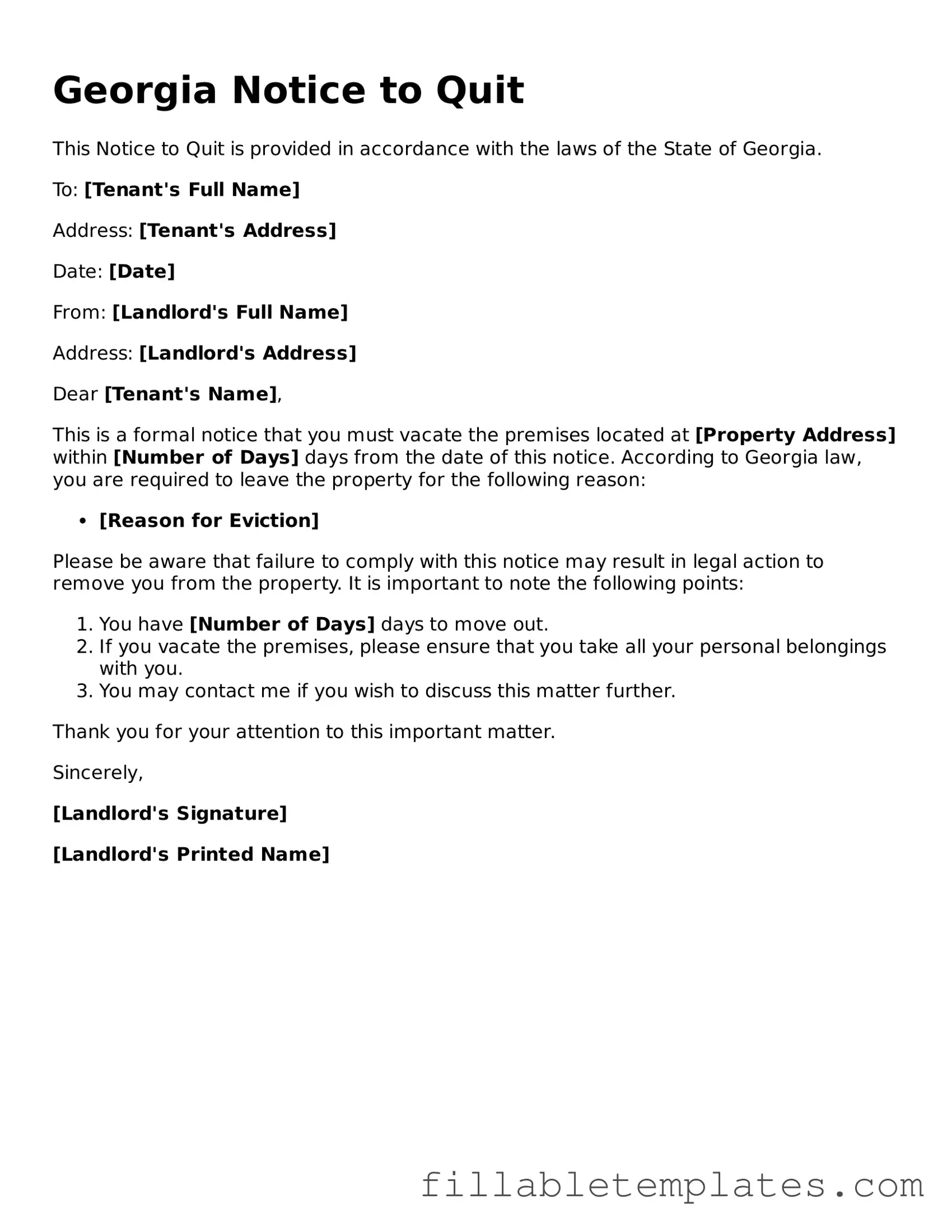 Printable Notice to Quit Form for the State of Georgia