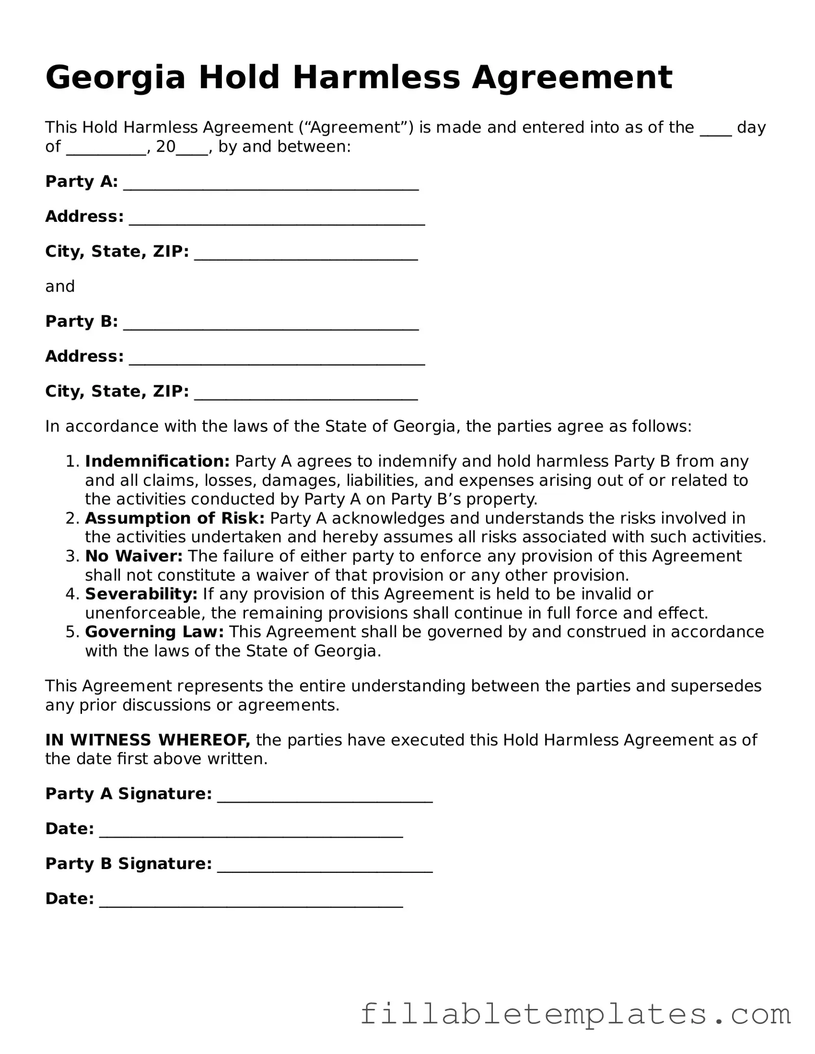 Printable Hold Harmless Agreement Form for the State of Georgia