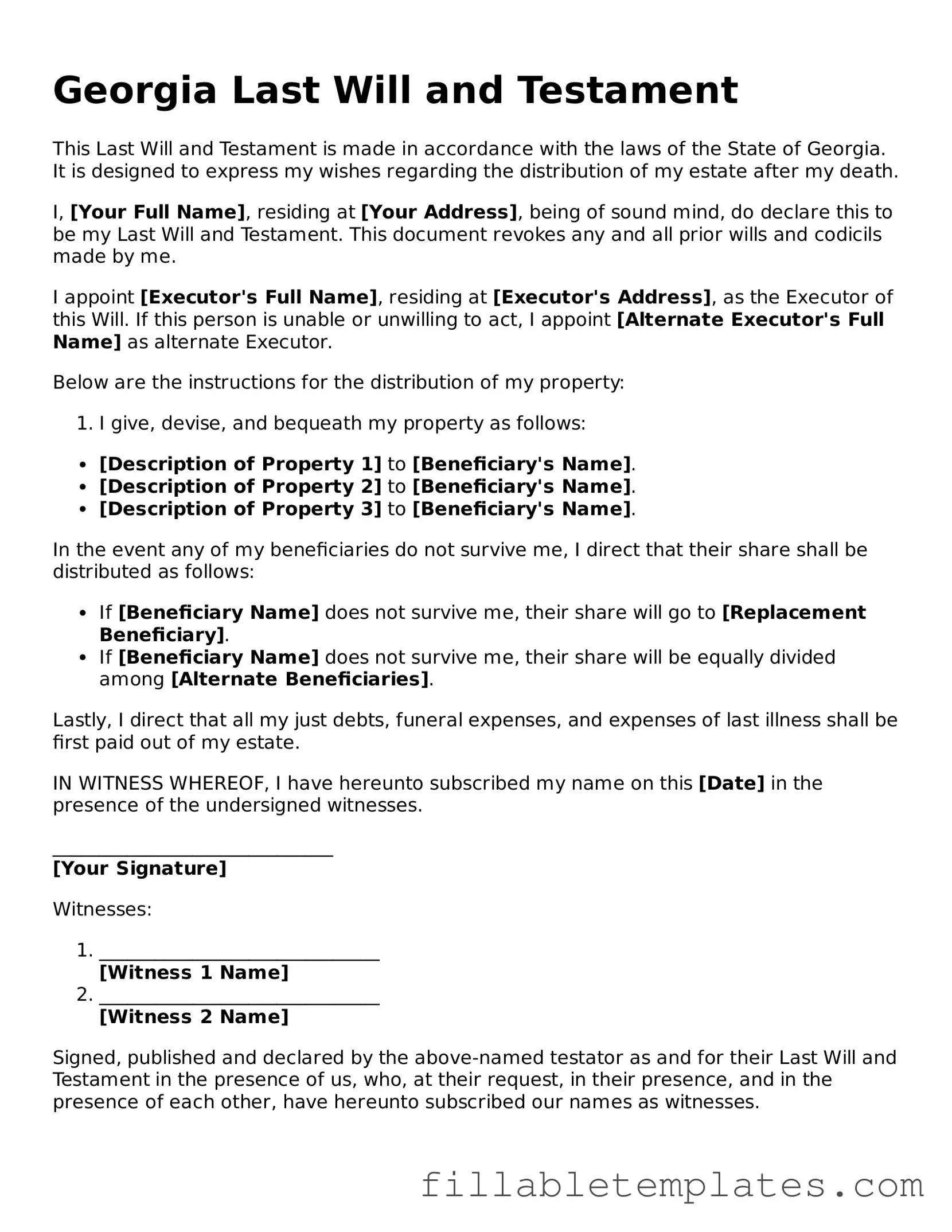 Printable Last Will and Testament Form for the State of Georgia