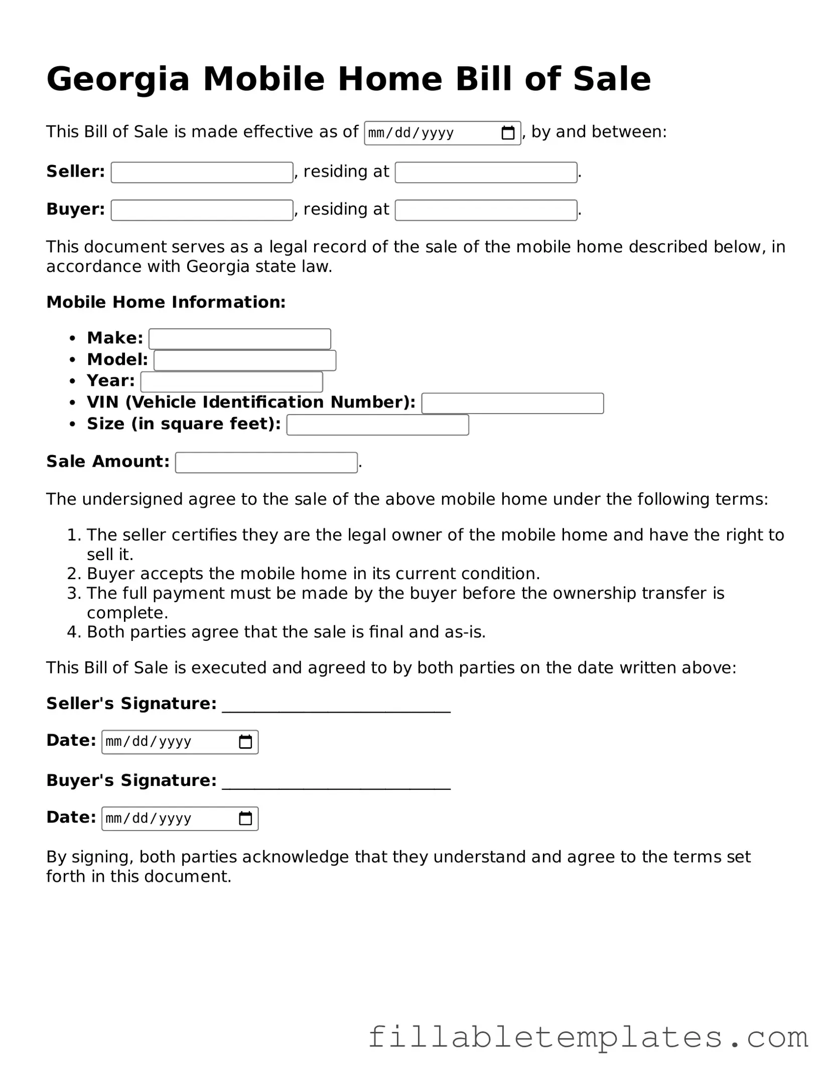Printable Mobile Home Bill of Sale Form for the State of Georgia