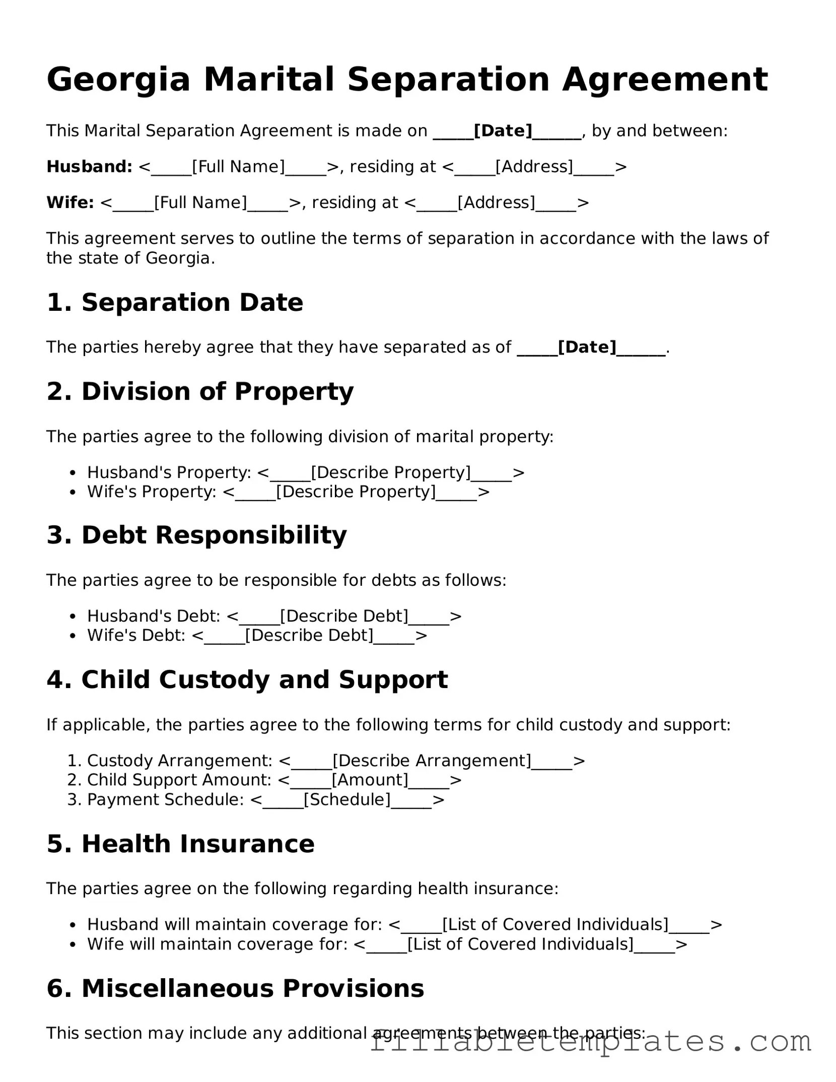 Printable Marital Separation Agreement Form for the State of Georgia