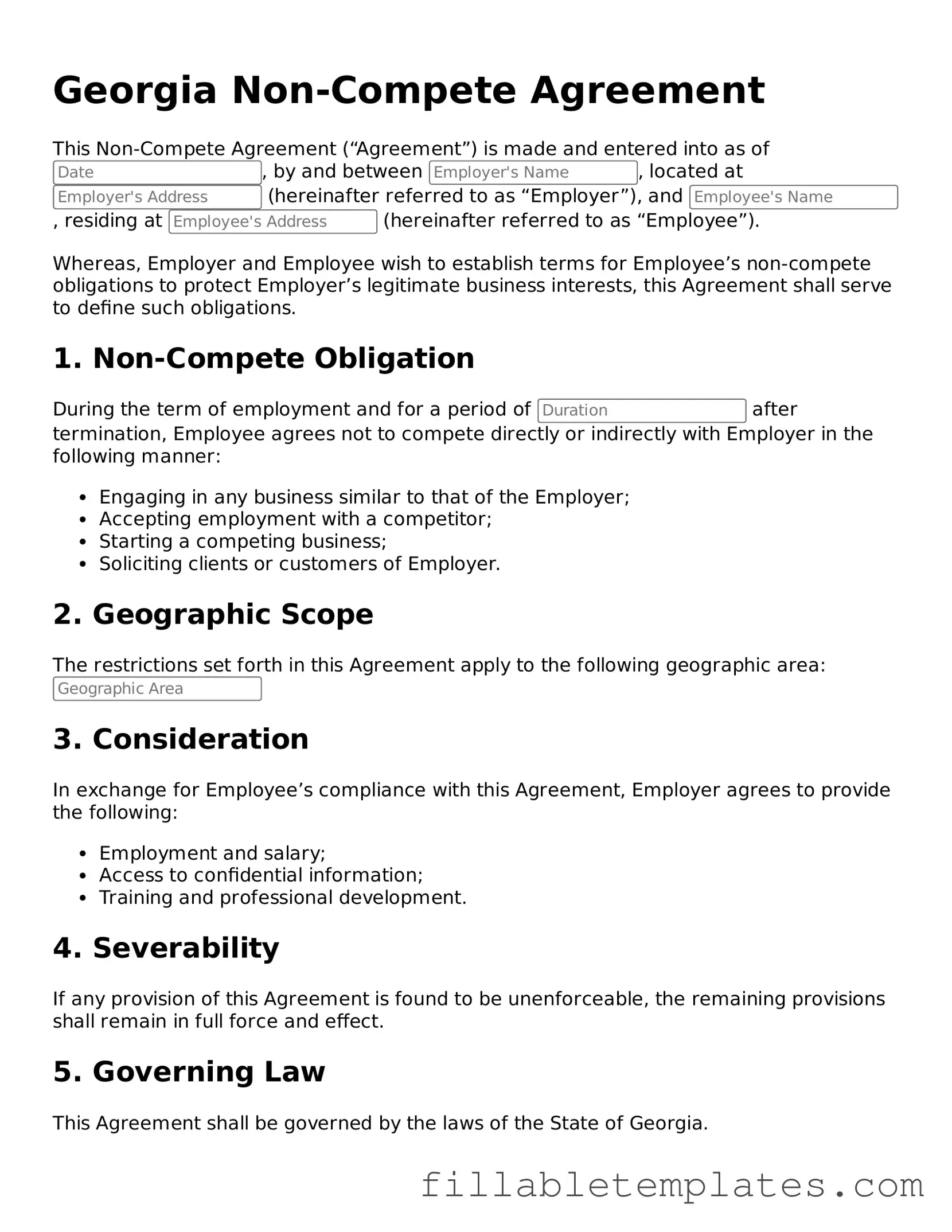 Printable Non-compete Agreement Form for the State of Georgia