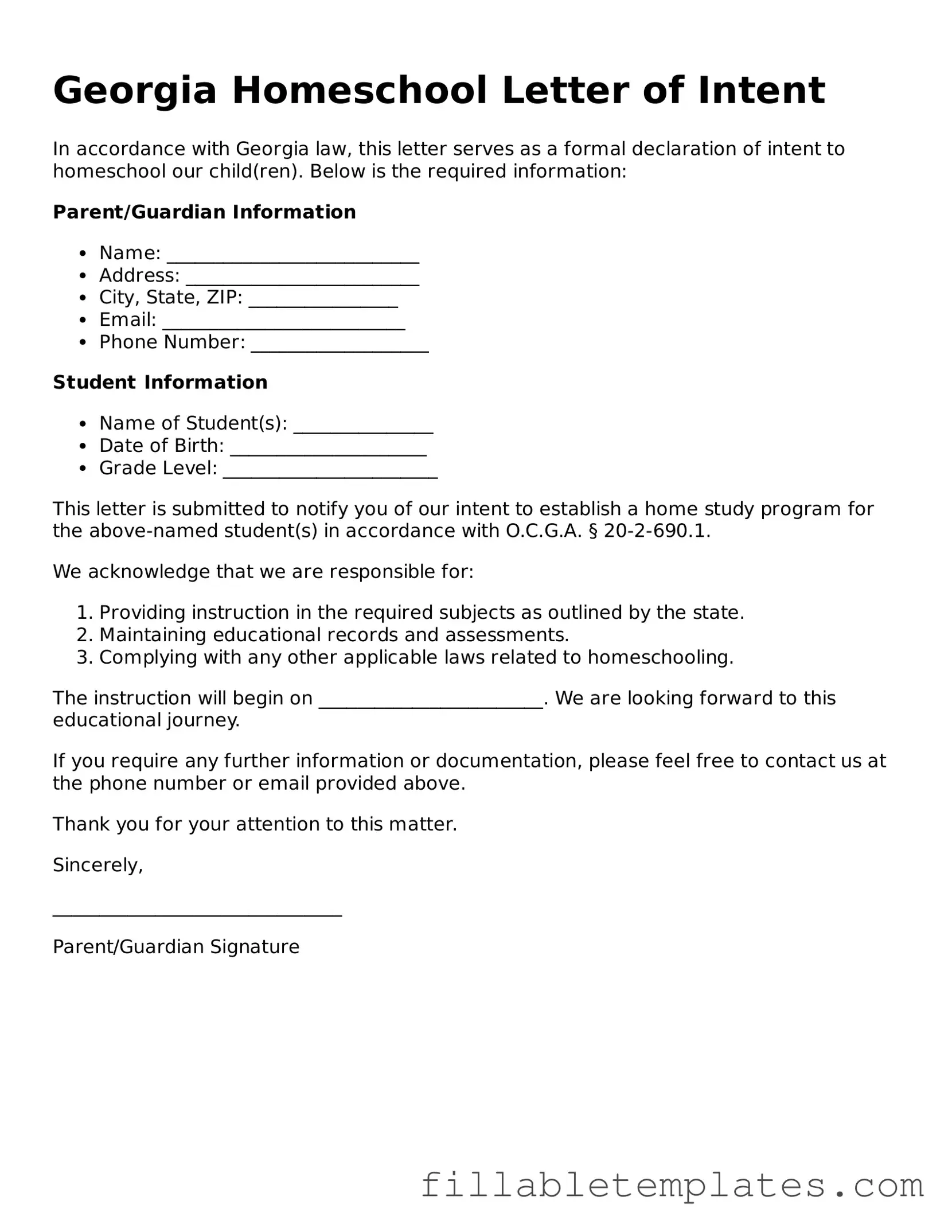 Printable Homeschool Letter of Intent Form for the State of Georgia