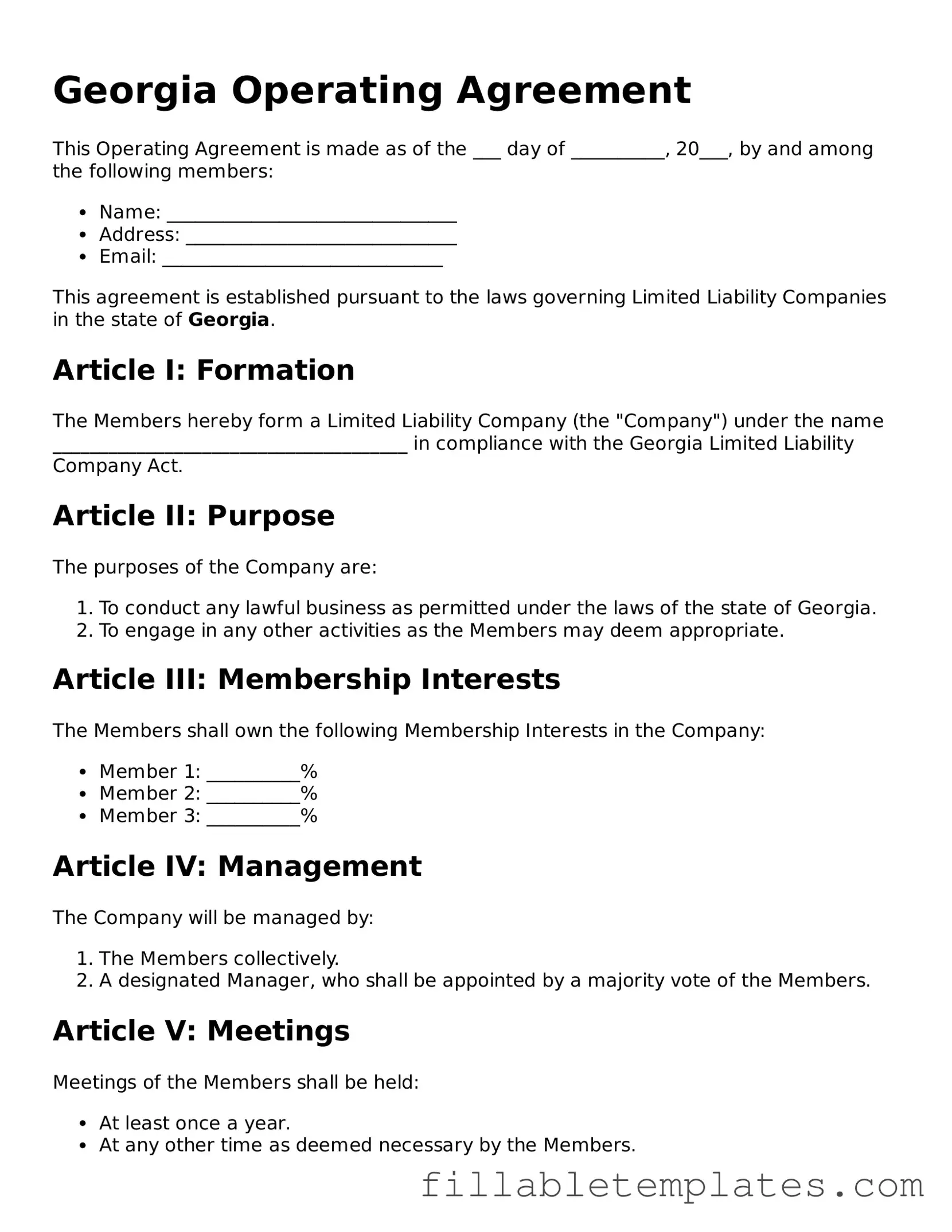 Printable Operating Agreement Form for the State of Georgia