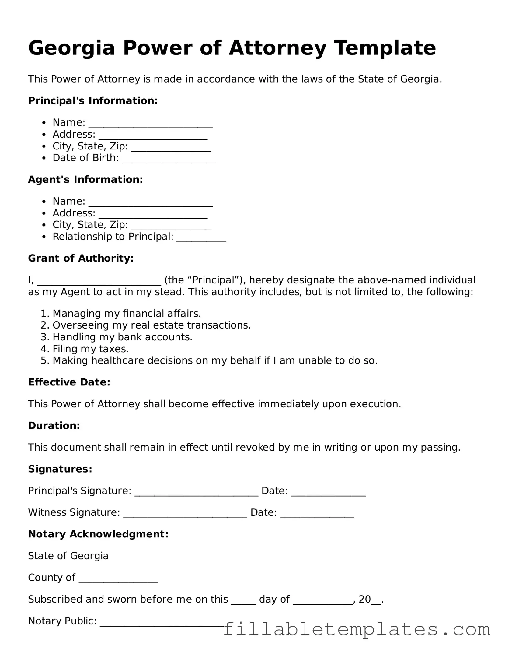 Printable Power of Attorney Form for the State of Georgia