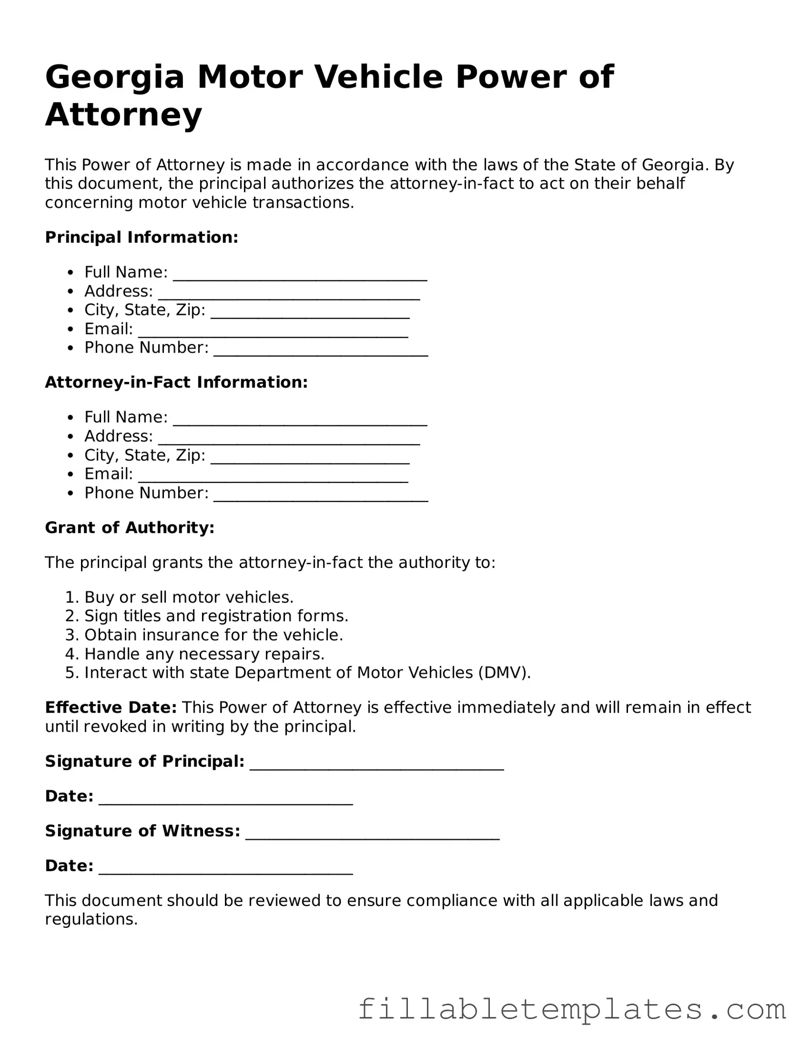 Printable Motor Vehicle Power of Attorney Form for the State of Georgia