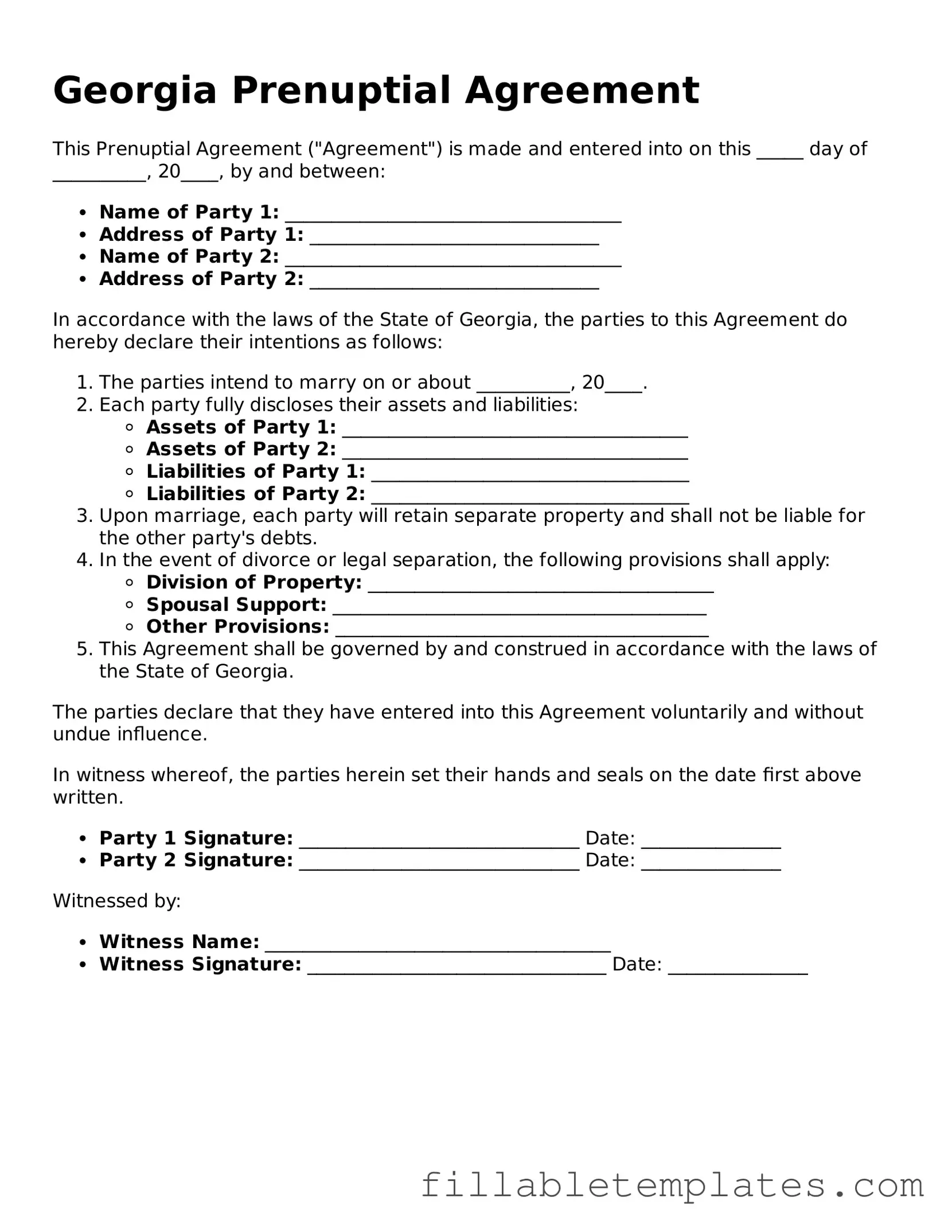 Printable Prenuptial Agreement Form for the State of Georgia